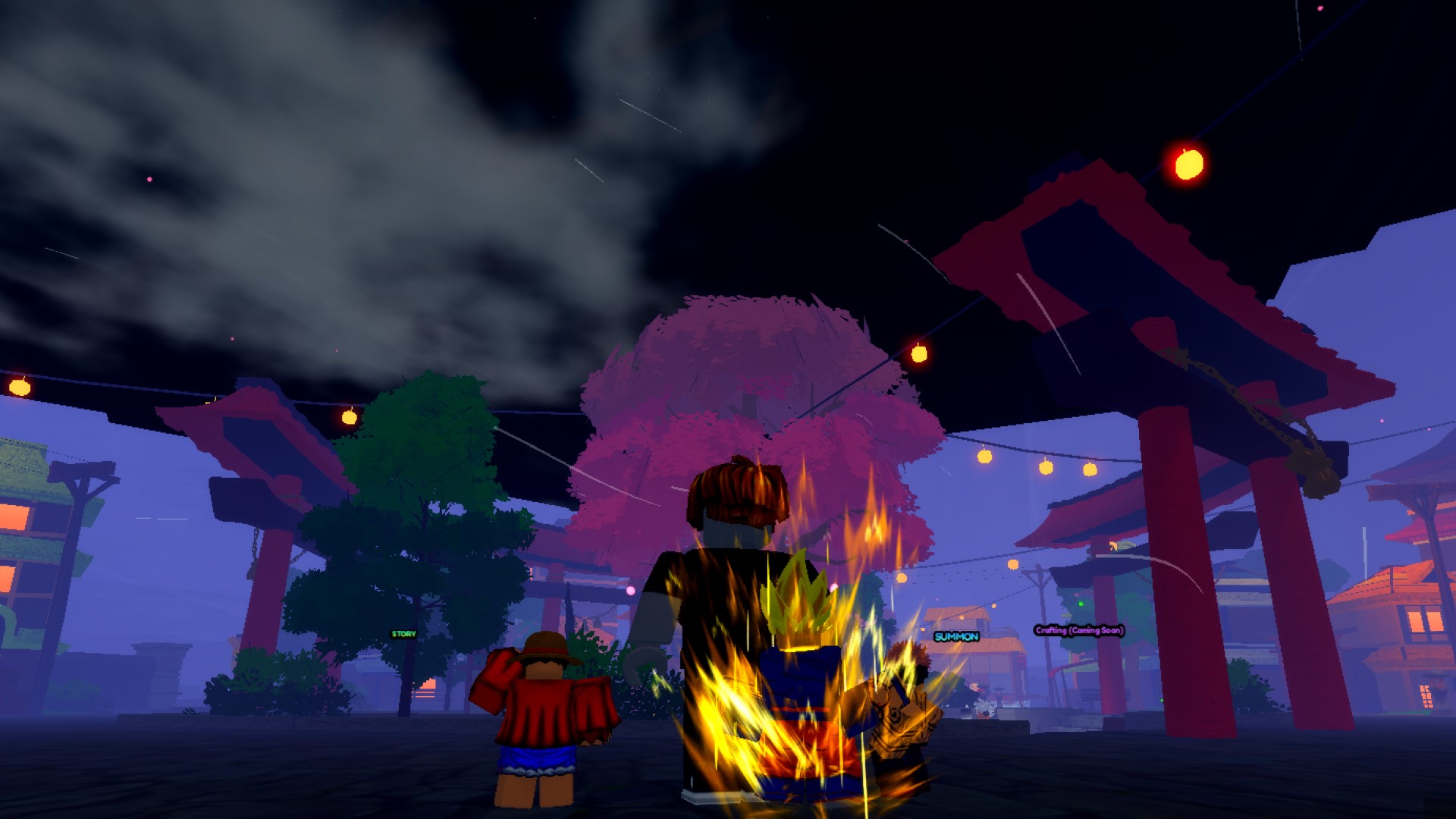 A character from Roblox game Anime Last Stand standing in front of a cherry blossom tree. It's dark, and clouds are drifting across the night sky.