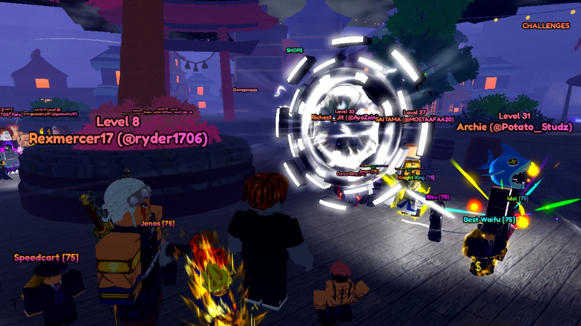 A character from Roblox game Anime Last Stand standing in front of a Portal. Other players are gathered round in anticipation.