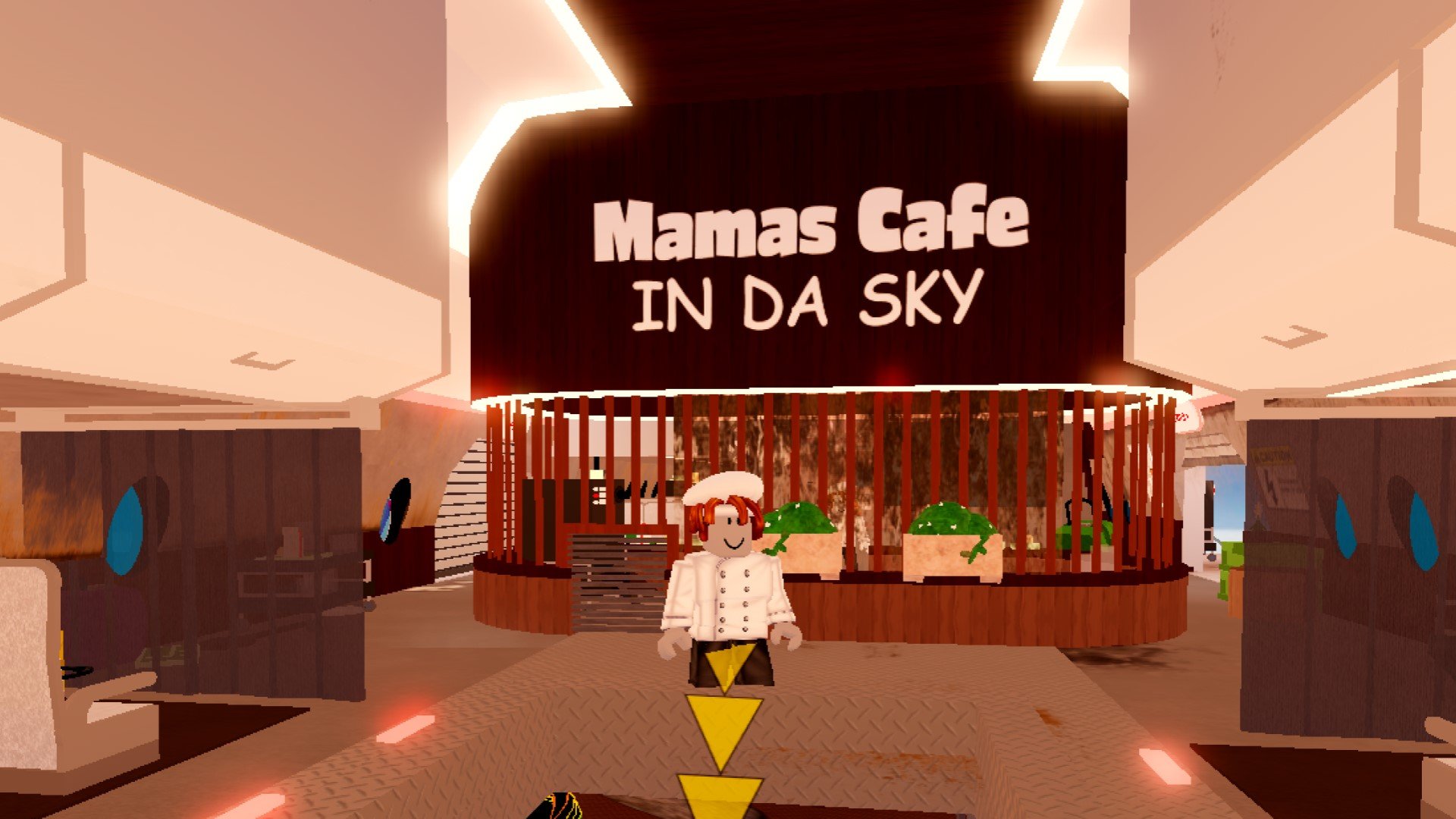 A character from the Roblox game Bake Da Baby. They're shown wearing a chef outfit, standing in front of a restaurant labelled 'Mamas Cafe in da sky'.