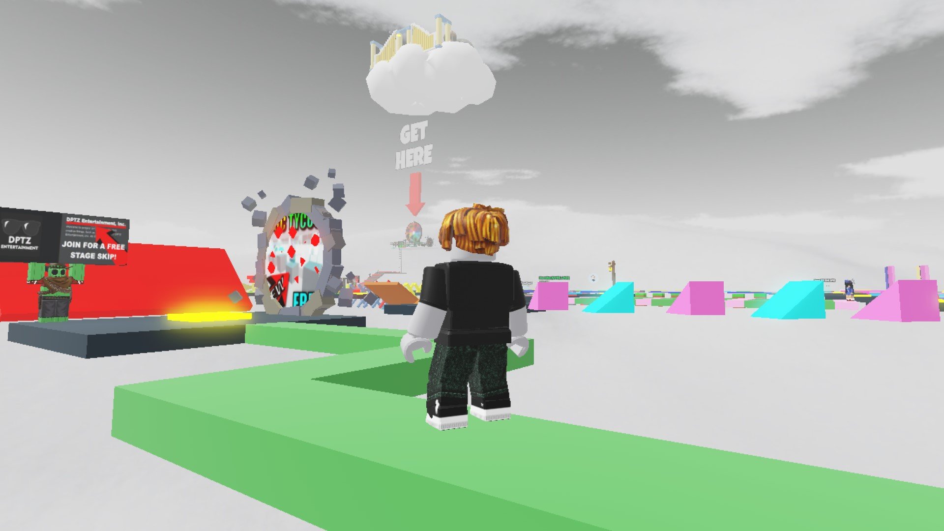A character from Roblox game Free UGC Obby looking out over a floating obstacle course.