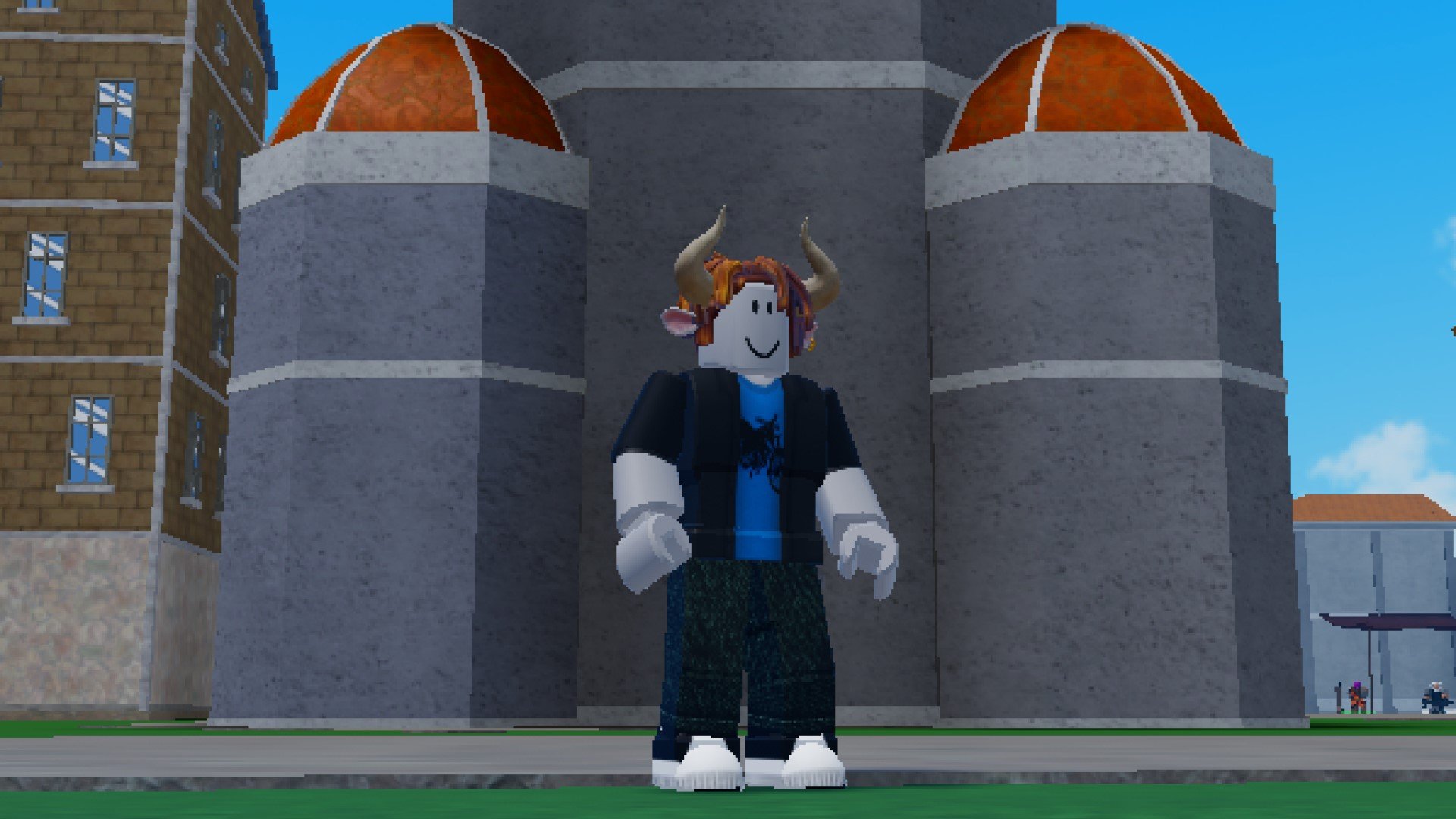 A character from Roblox game King Legacy standing in front of a domed building.