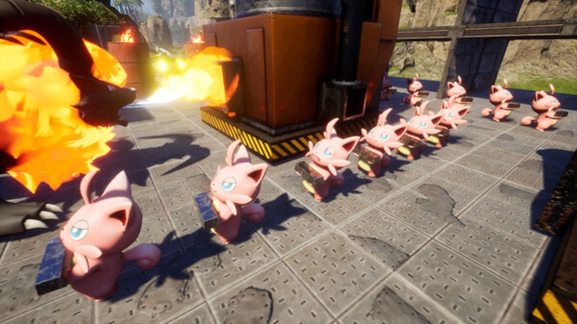A line of Pals carrying objects in Palworld. In the background, a furnace burns.