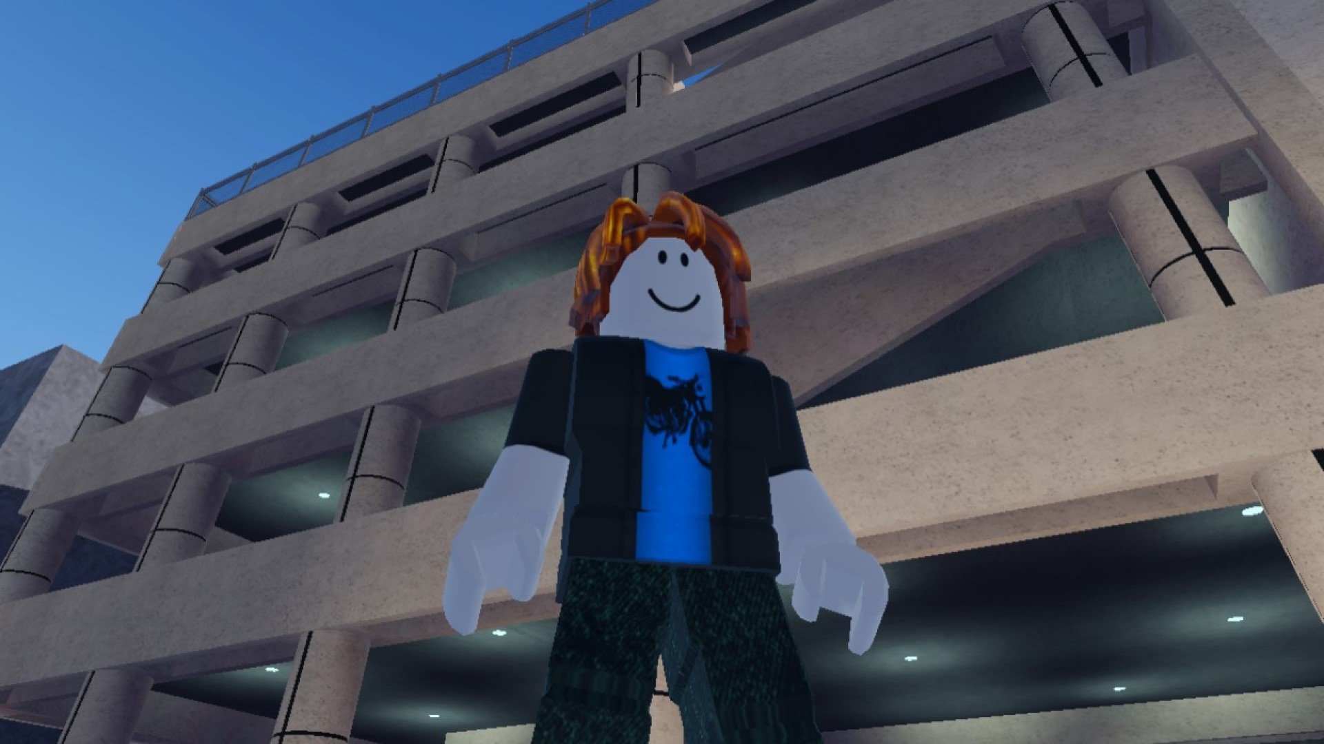 An image of a character from Roblox game YBA. They're standing in front of a multi-storey car park.
