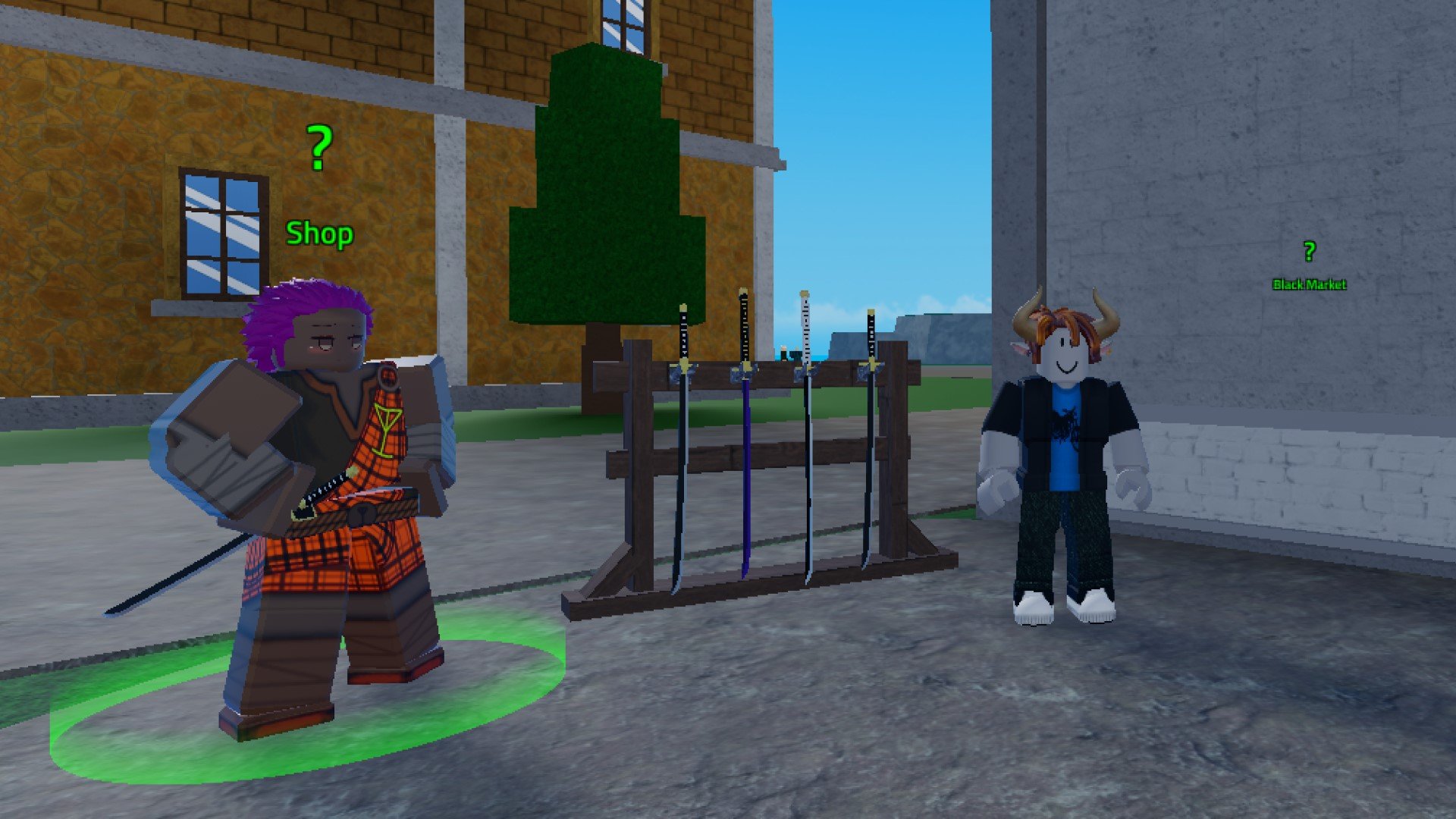 A character from Robloc game King Legacy standing next to a rack of swords in an urban area.