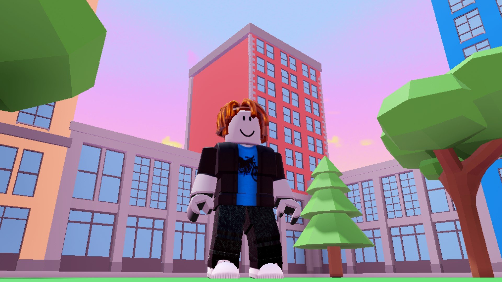 A character from the Roblox game Pop Bubbles For UGC stands in front of a city scene. Colourful trees and buildings can be seen in the background.