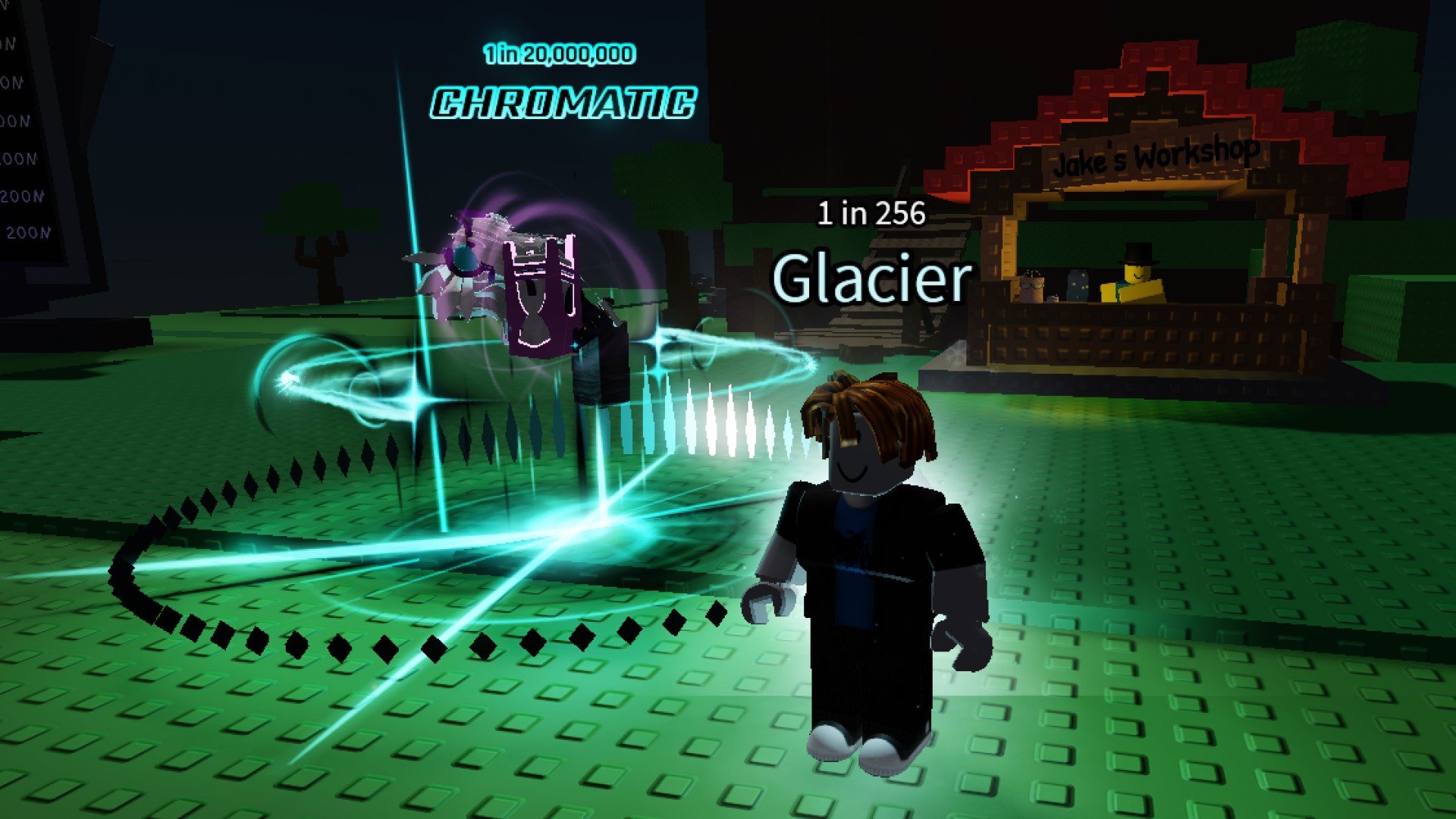Two characters from Roblox game Sols RNG. The one on the left has the rare Chromatic Aura, while the one on the right has Glacier. It's dark, and a wooden stall is visible in the background.