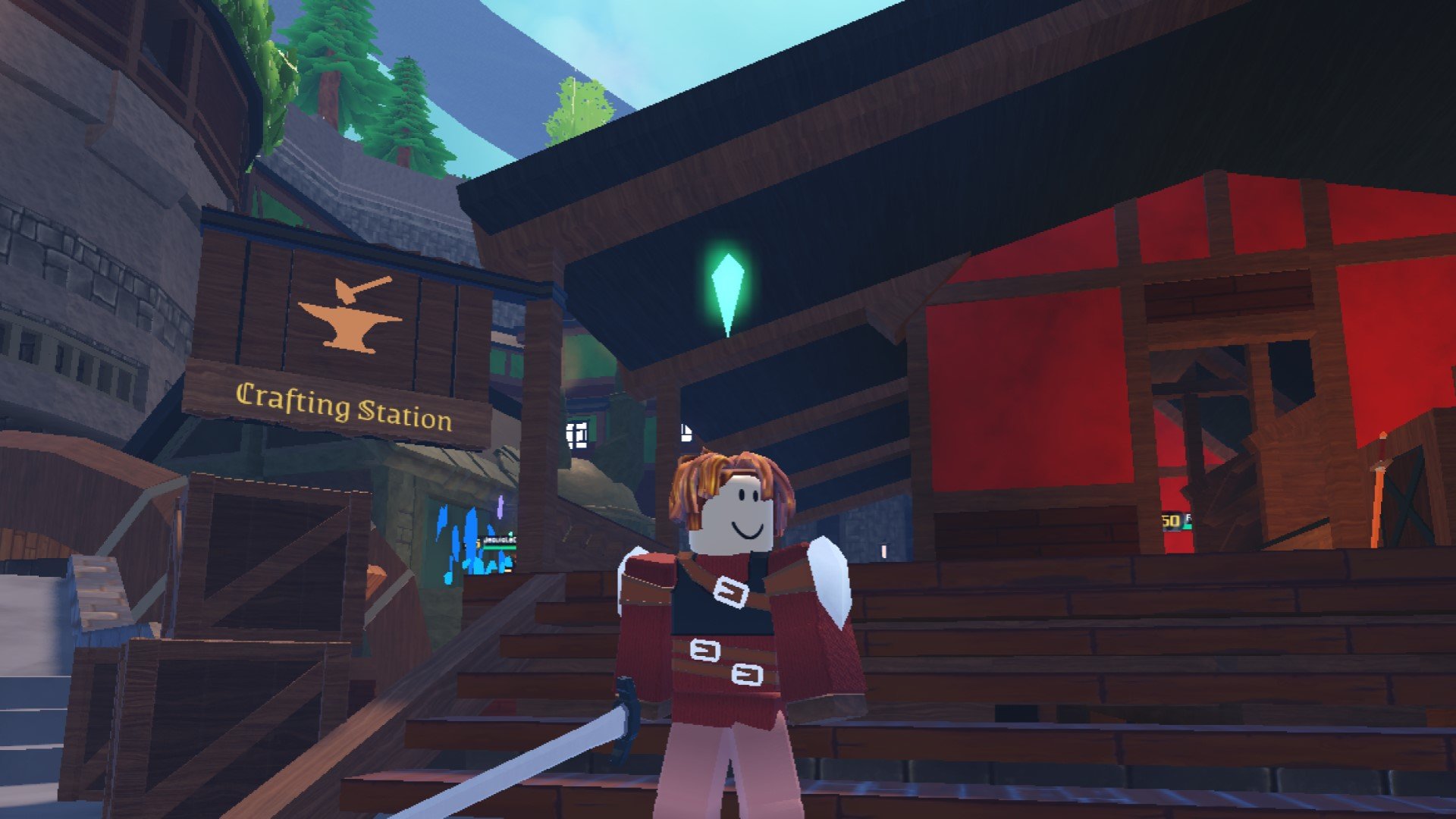 A character from Roblox game Swordburst 3 standing in front of a Crafting Station.