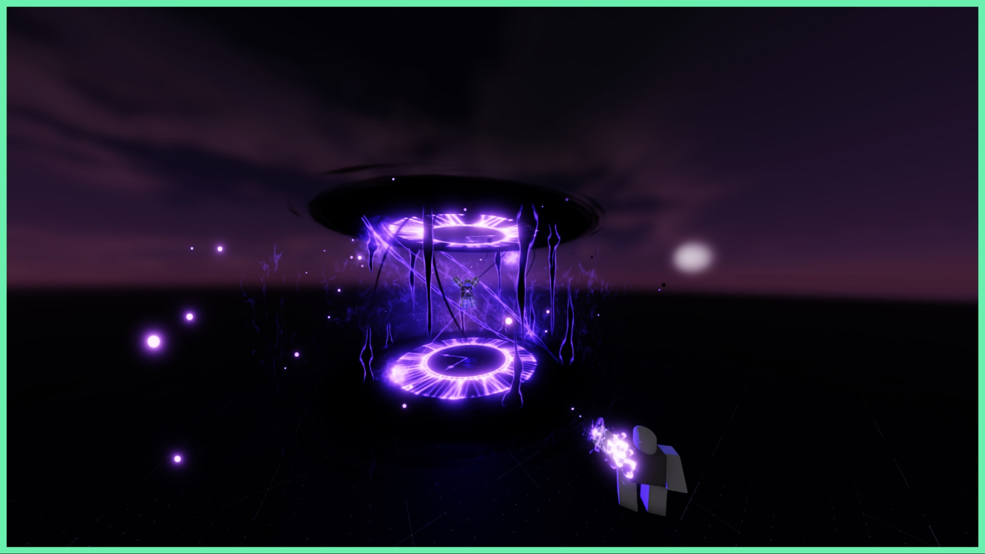 the image shows an ominous purple portal with a greyed out player casting it closer to bottom corner of the screen. In the centre of the portal is a bounded player