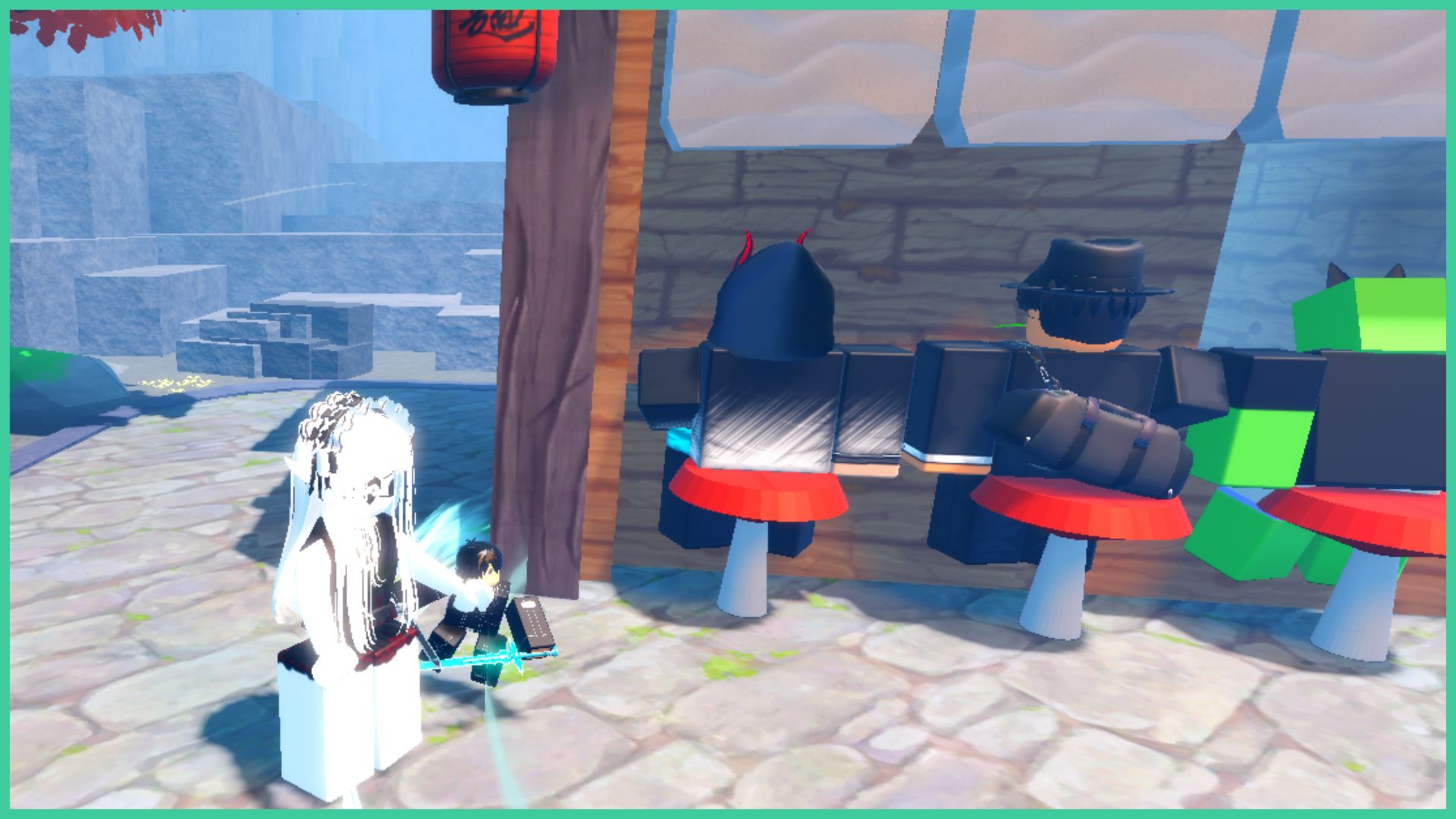 feature image for our anime last stand flame alchemist guide, the image features a roblox player standing by a food stall with bar stools as three characters face the counter, there is a lantern to the side of the stall, with rock formations in the background