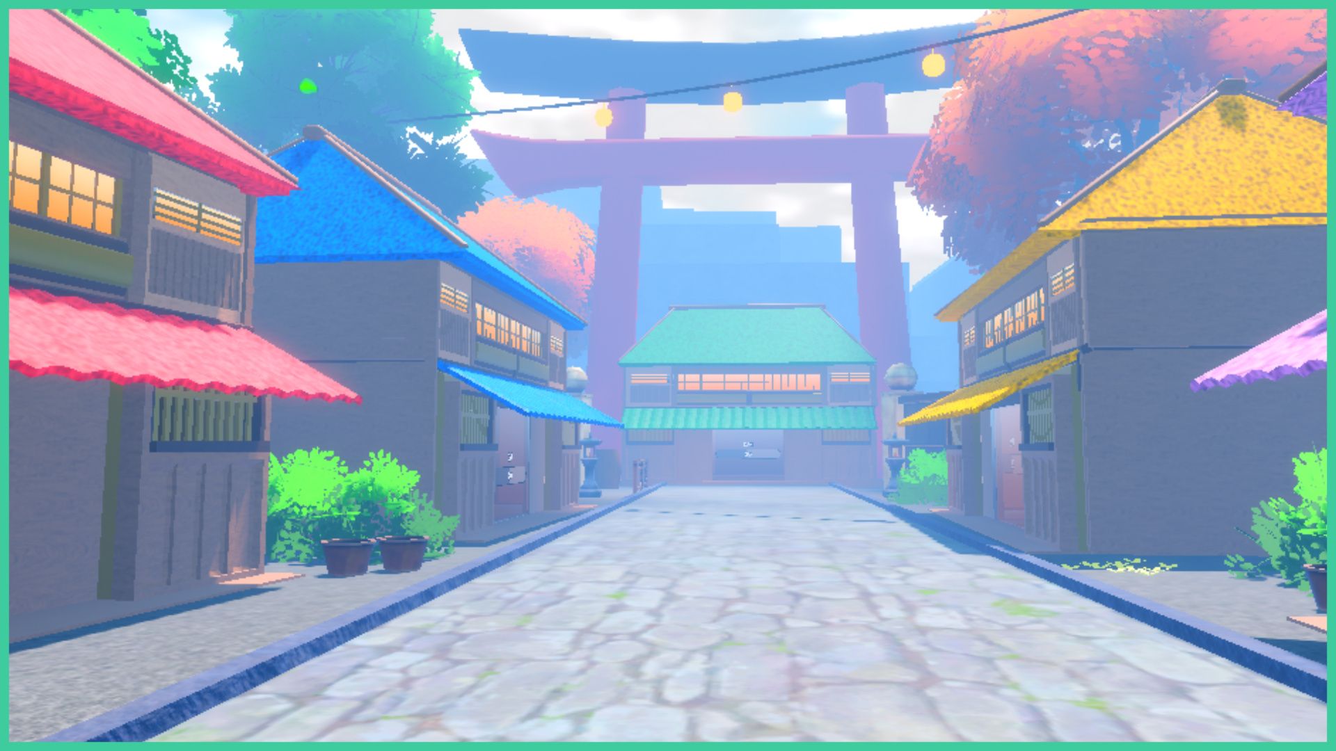 feature image for our anime last stand gon guide, the image is a screenshot of the story mode area, which is a street with a row of traditional style japanese buildings, with a large tori gate at the top of the street
