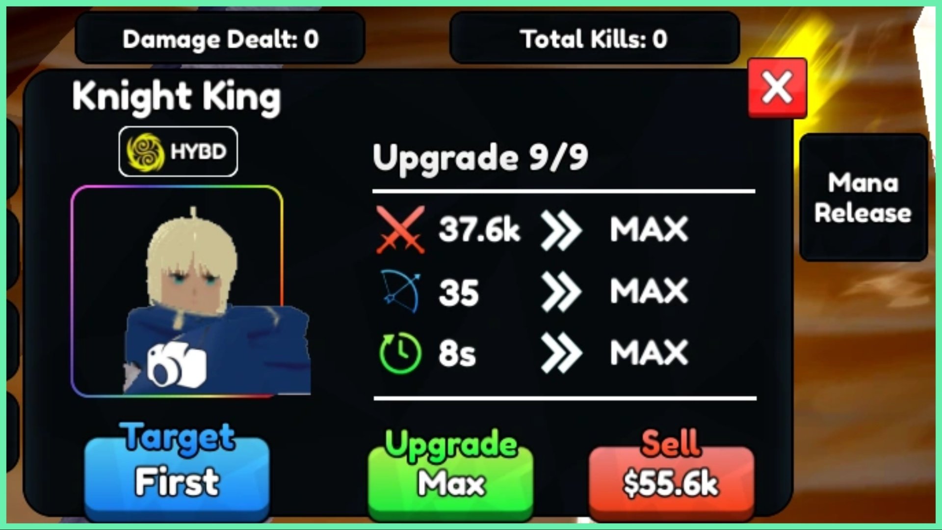 the image shows the knight king unit with max upgrades. The page shows the total stats and has a small png of the avatar on the left
