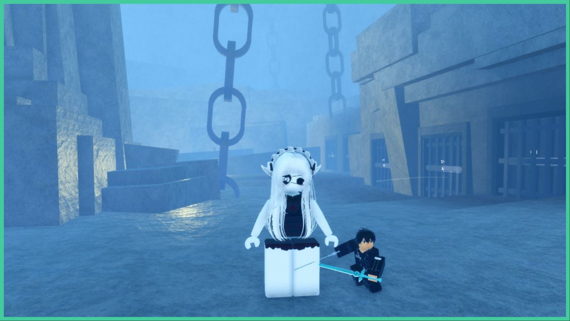 feature image for our anime last stand mythic tier list, the image features a screenshot from the game of a roblox player with a small version of kirito from sword art online next to them as they stand in what looks to be a cave dungeon, with metal bars that seems like prison cells and large metal chains attached from the ground up