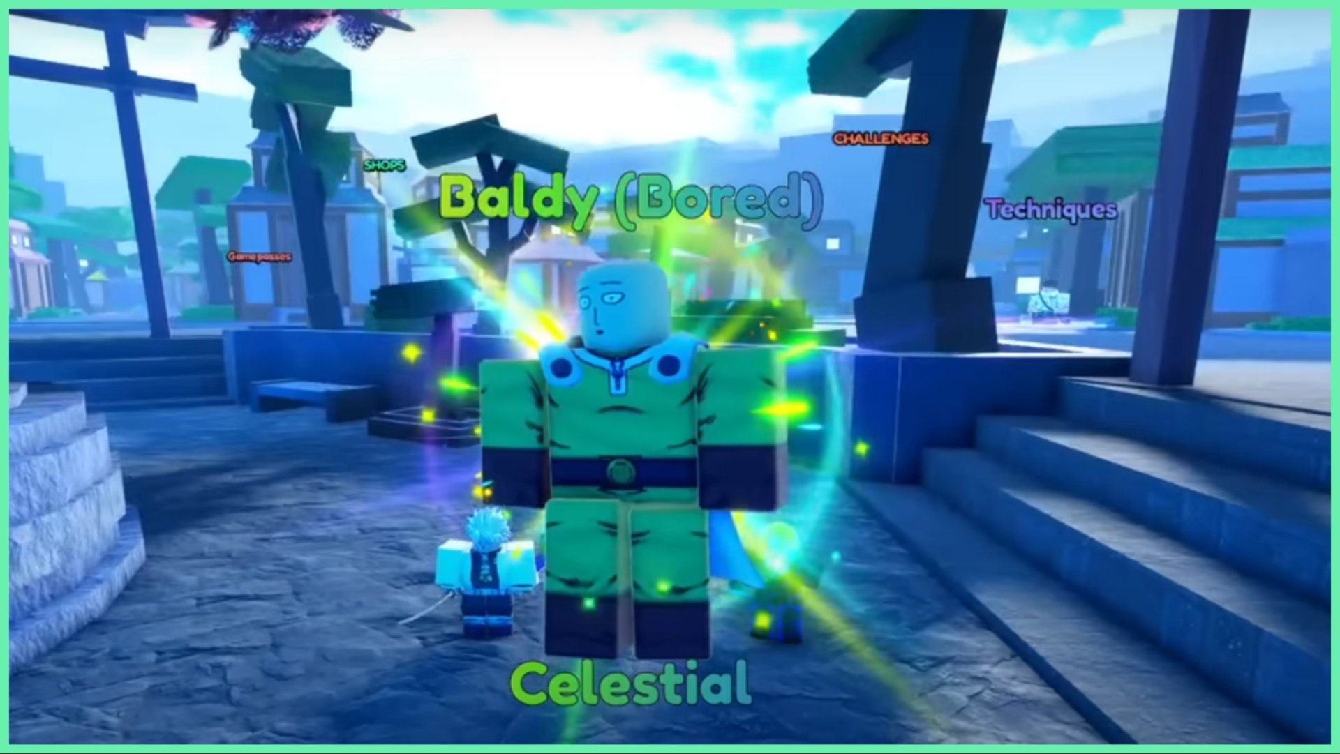the image shows the saitama unit with glowing aura behind him. His in game name is writtten in a green and yellow ombre with his rarity written beneath his foot