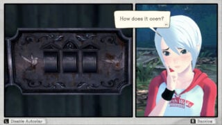 image of a comic book cutscene in the game of ashley lookin confused as she puts her hand to her face and furrows her brows, there is a dialogue box above her head that reads "how does it open", with the panel to the left being of a metal combination lock with enscribed humming birds on either side