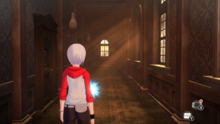image of ashley as she walks through a wooden hallway in the manor, the light is pouring through the windows, as a door is closed to the left, with a wall lamp next to it