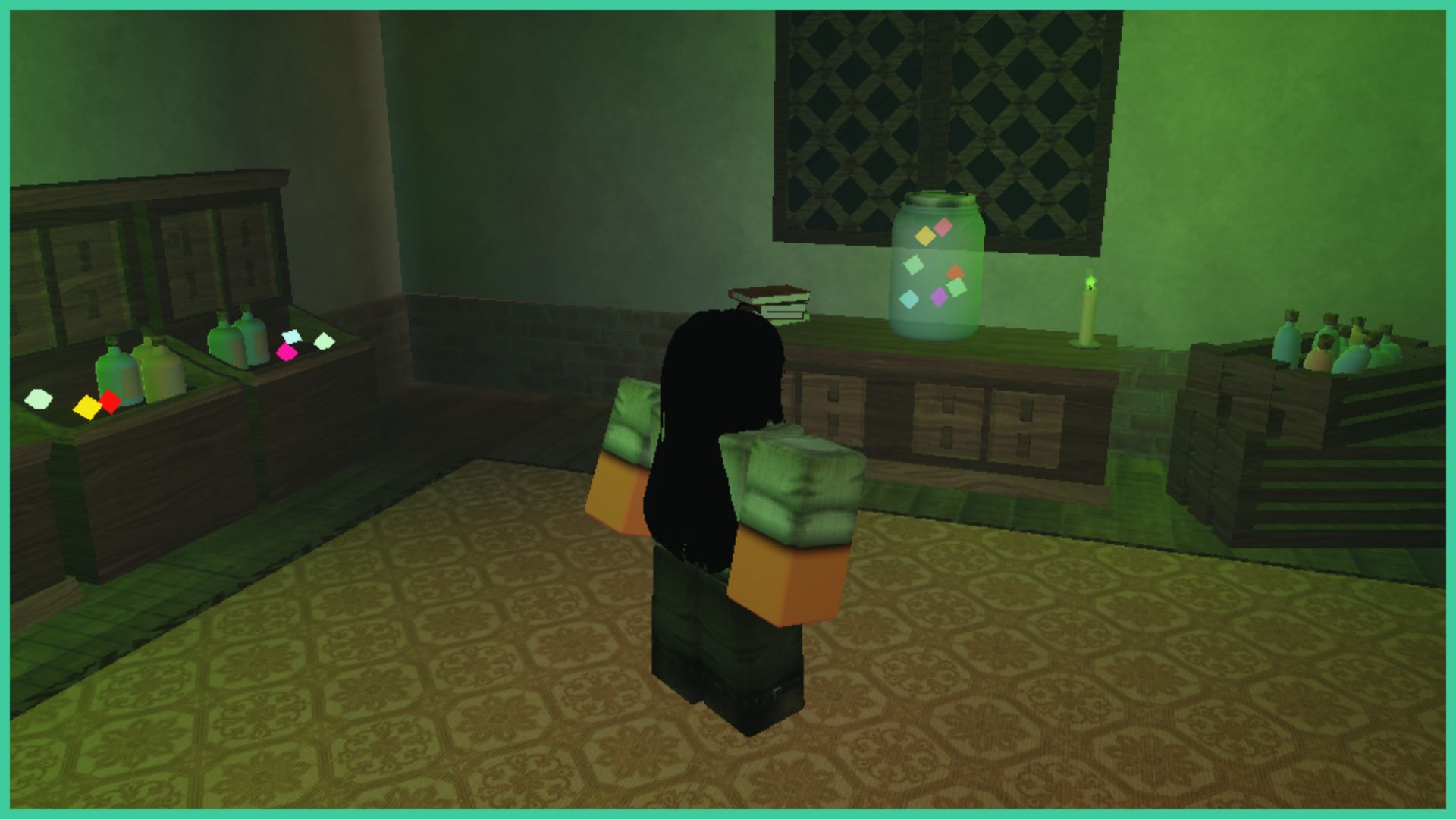 feature image for our arcane lineage cursed enchant guide, the image features a screenshot of a roblox play standing by a wooden counter with a jar full of gems inside next to a lit candle and a small pile of books, there are boxes of small bottles on either side of the room as well as more gems in some wooden crates