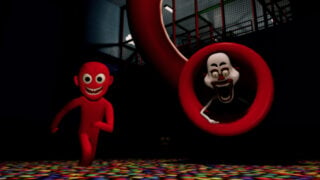promo image for betty's nursery 2, of a strange red human figure with a toothy grin and wide eyes as it runs across a ball bit, there is a wide-mouthed clown creature coming out of the tunnel slide, while a small toothy face glows in the dark shadows