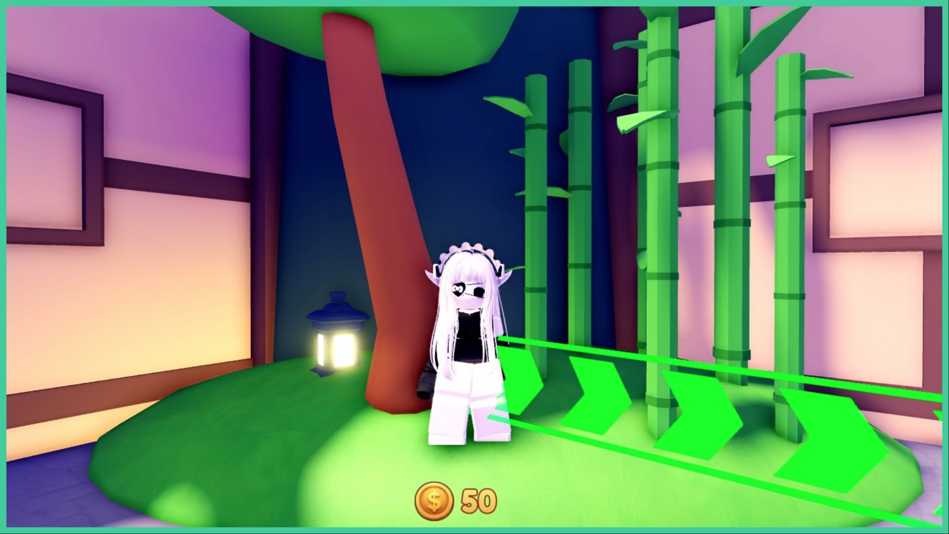 feature image for our blade tower defense codes guide, the image features a screenshot from the game of a roblox player standing on a small hill of grass next to some bamboo and a tree, there is a glowing lantern to the left of the tree. there are green arrows pointing to the right from the roblox player and a a coin symbol below to show how many coins they have, which is 50