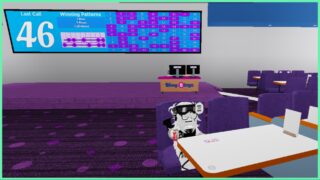 the image shows my avatar sat with the call board behind her displaying the numbers called in bingo so far