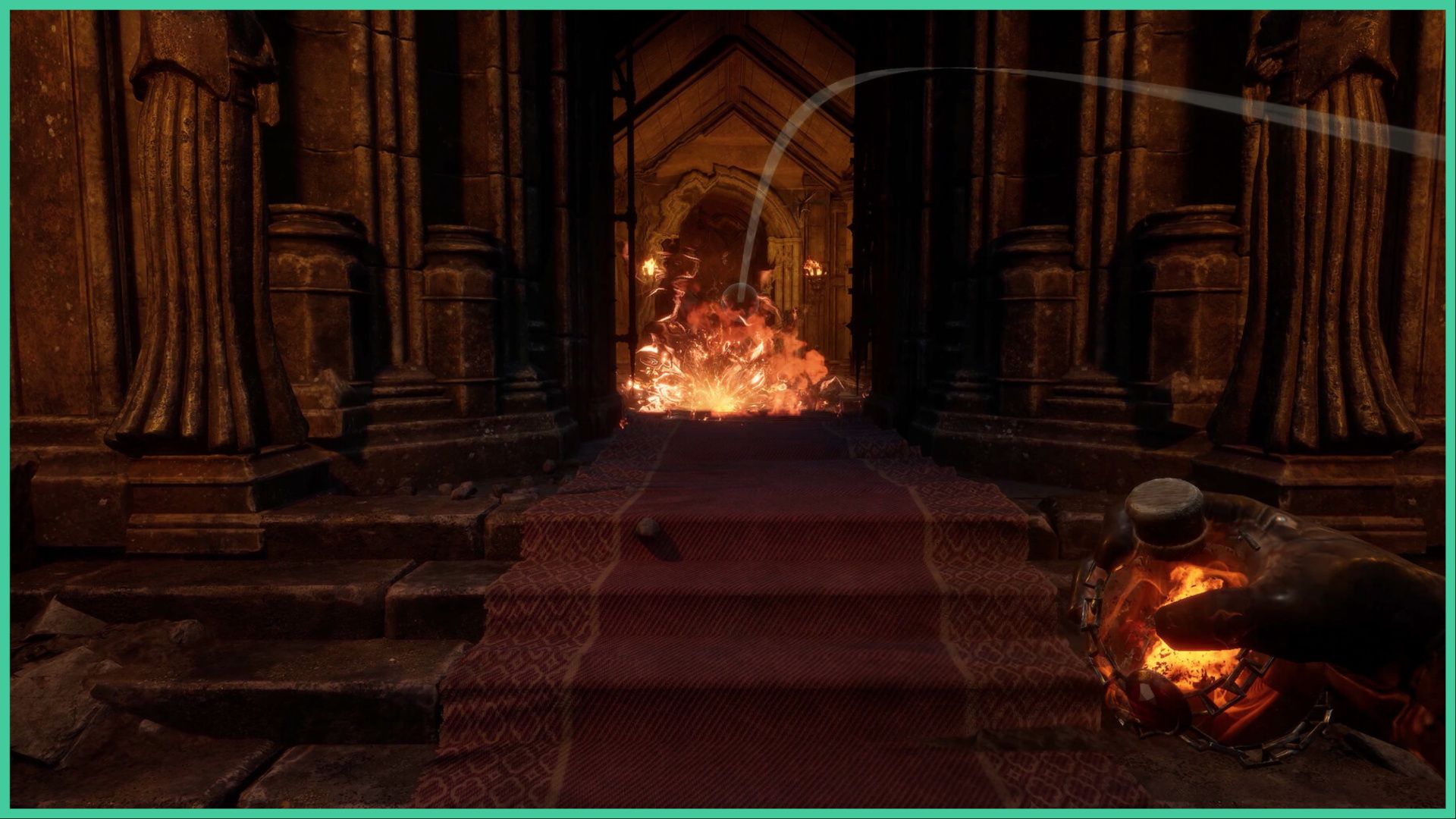 feature image for our dungeonborne bounty hunter guide, the image features a screenshot from the game of a set of steps adorned by a long carpet that lead to a hall that is on fire, there are stone statues on either side of the entrance, as the player holds a firey bomb in their hand