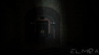 promo image for elmira of a dark hallway that leads to an archway with a door in the distance that seems to lead outside or into another dark room
