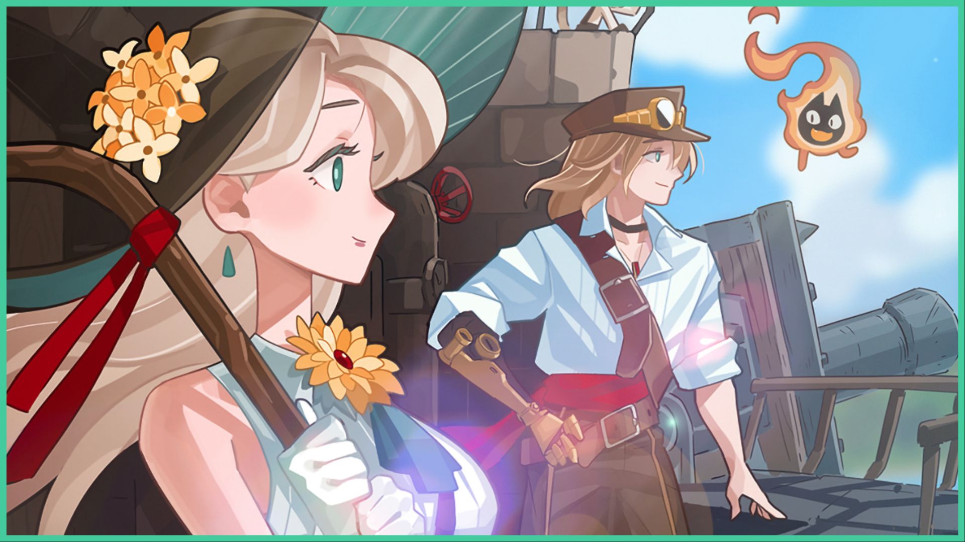 feature image for our fortress saga tier list, the image features promo art for the game of a female and male character looking out over the side of a ship, the girl is holding an umbrella over her head while smiling, while the guy props his hand on the balcony as his metal robot arm is propped on his hip, there is a floating flame with what looks to be a cat's face