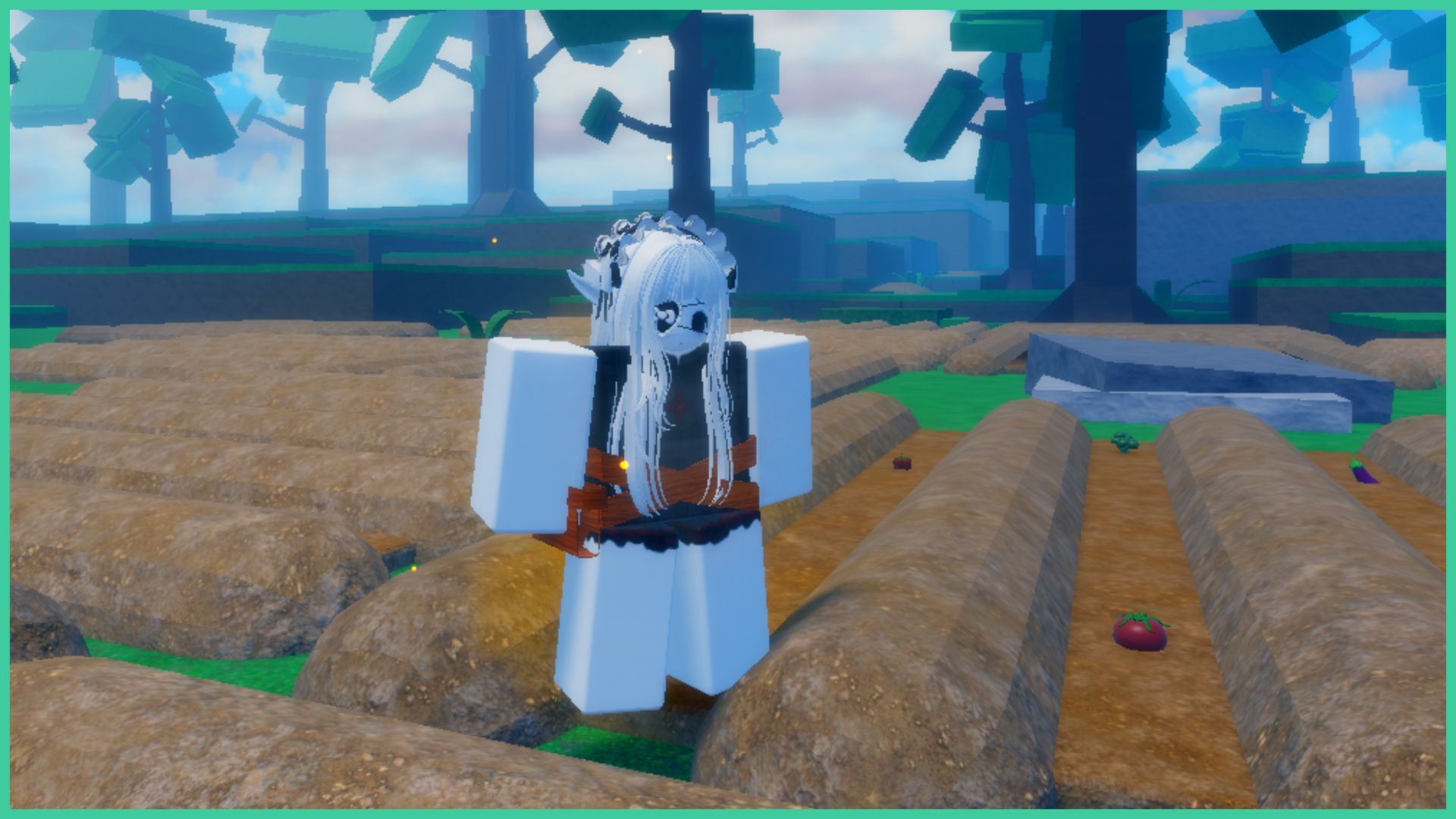 feature image for our get money in grimoires era guide, the image features a roblox player standing on the farm as vegetables such as broccoli and tomatoes are planted in the ground, there are lots of trees surrounding the farm in the distance
