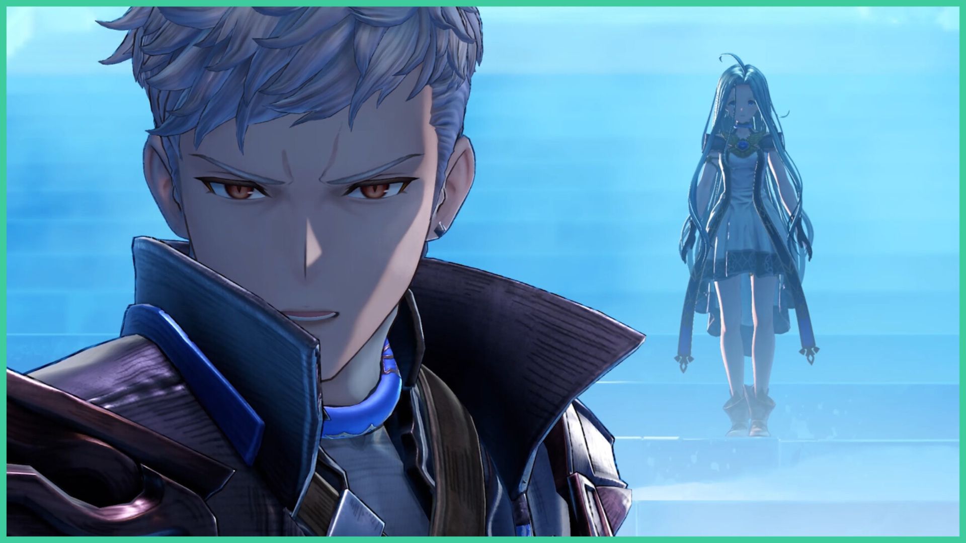 feature image for our granblue fantasy relink crewmate cards guide, the image features a male character at the forefront as a female character is behind him as she walks towards him, he has a stern expression on his face as the woman walks down some steps