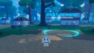image of a roblox character standing by the daily rewards circle in the main hub town, there are trees and buildings surrounding them as well as a dirt math and lit fire torches