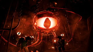 promo image for haunt on roblox, the image is of a giant glowing eyeball that is suspended by chains and tentacles as two roblox characters stand underneath, with one cowering and the other lifting their lantern to look at it, there are floating eyes around the smokey area 