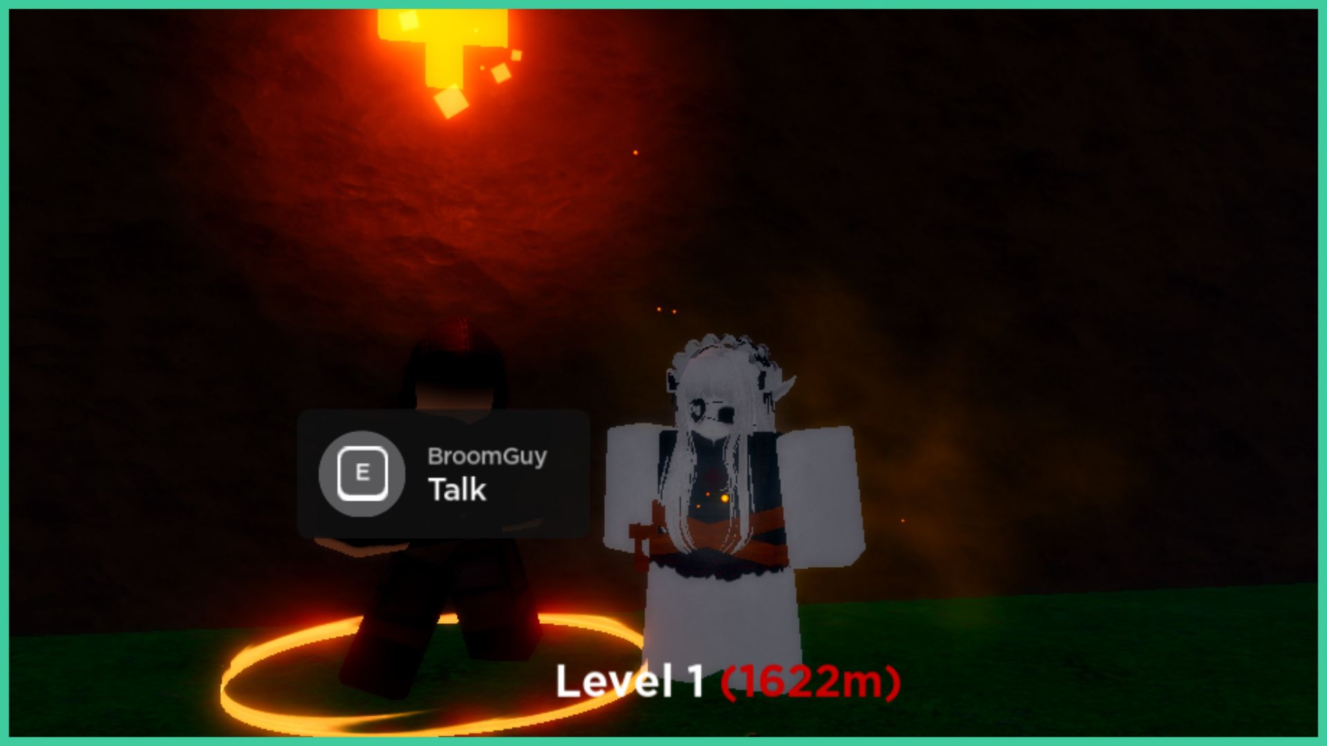 feature image for our how to fly in grimoires era guide, the image features a screenshot of a roblox player standing next to the broom guy NPC from grimoires era as he wears a hood and has a plus sign that is glowing above his head