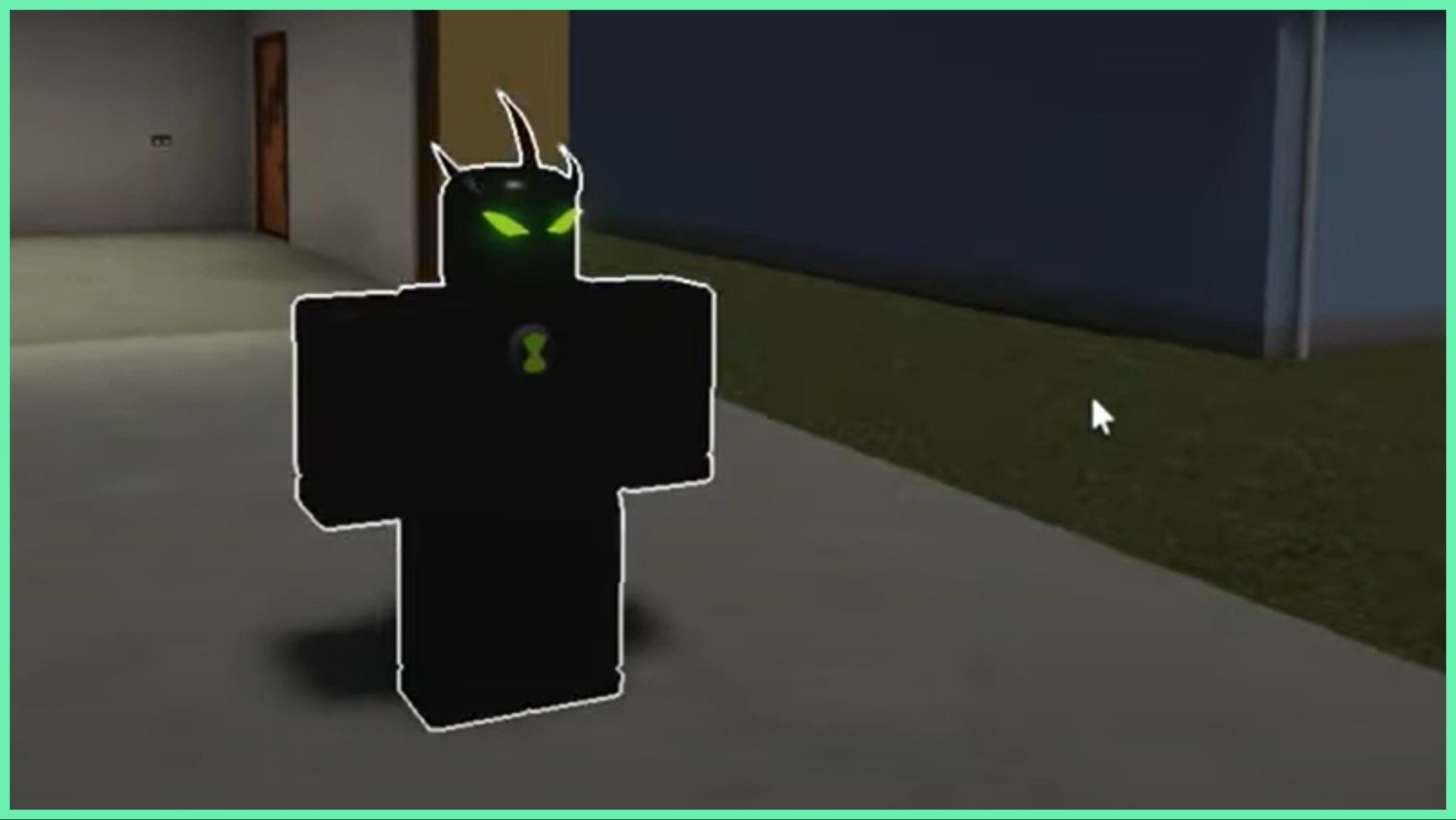 the image shows the player as alien x stood idly in a driveway in the spawn neighbourhood. He is a fully black figure with glowing white eyes and three points from his head like horns that travel backwards