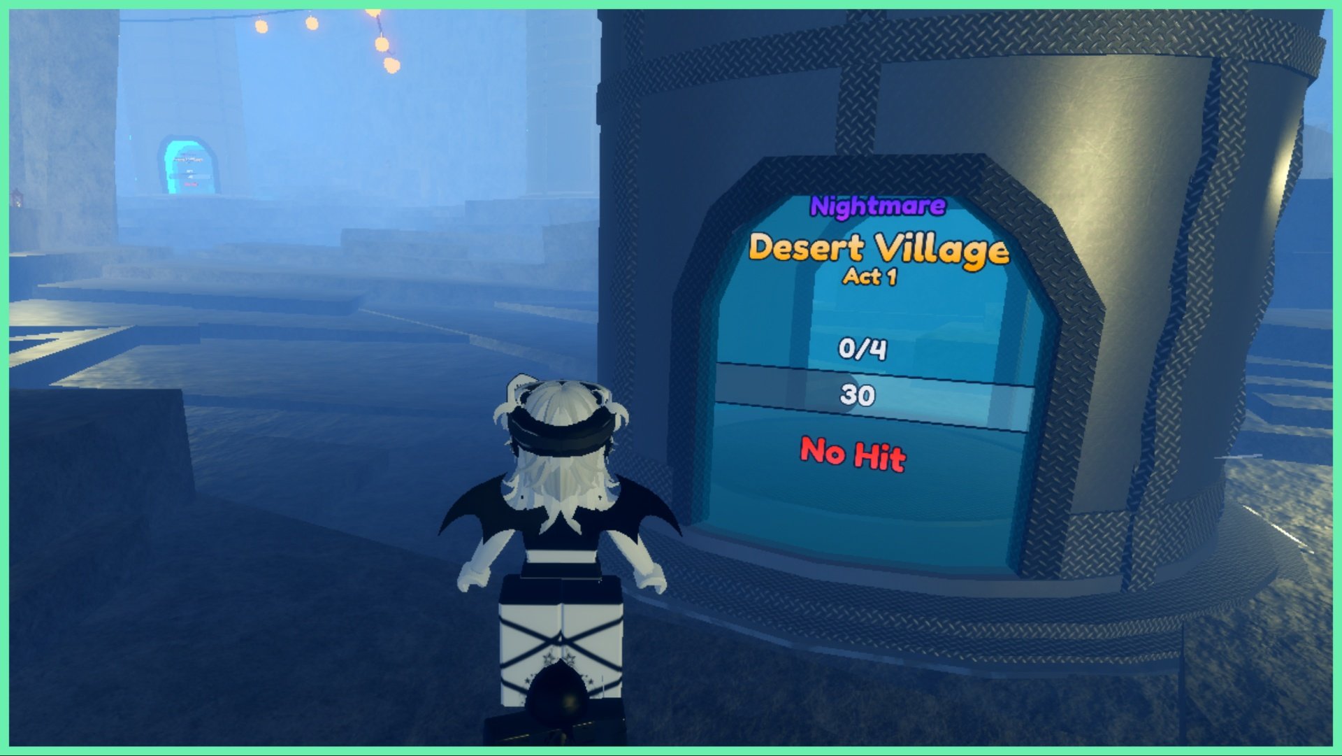 the image shows my avatar stood in the challenge cave in front of one of the challenges. The cave is foggy and grey, you can see a mini unit behind my avatar