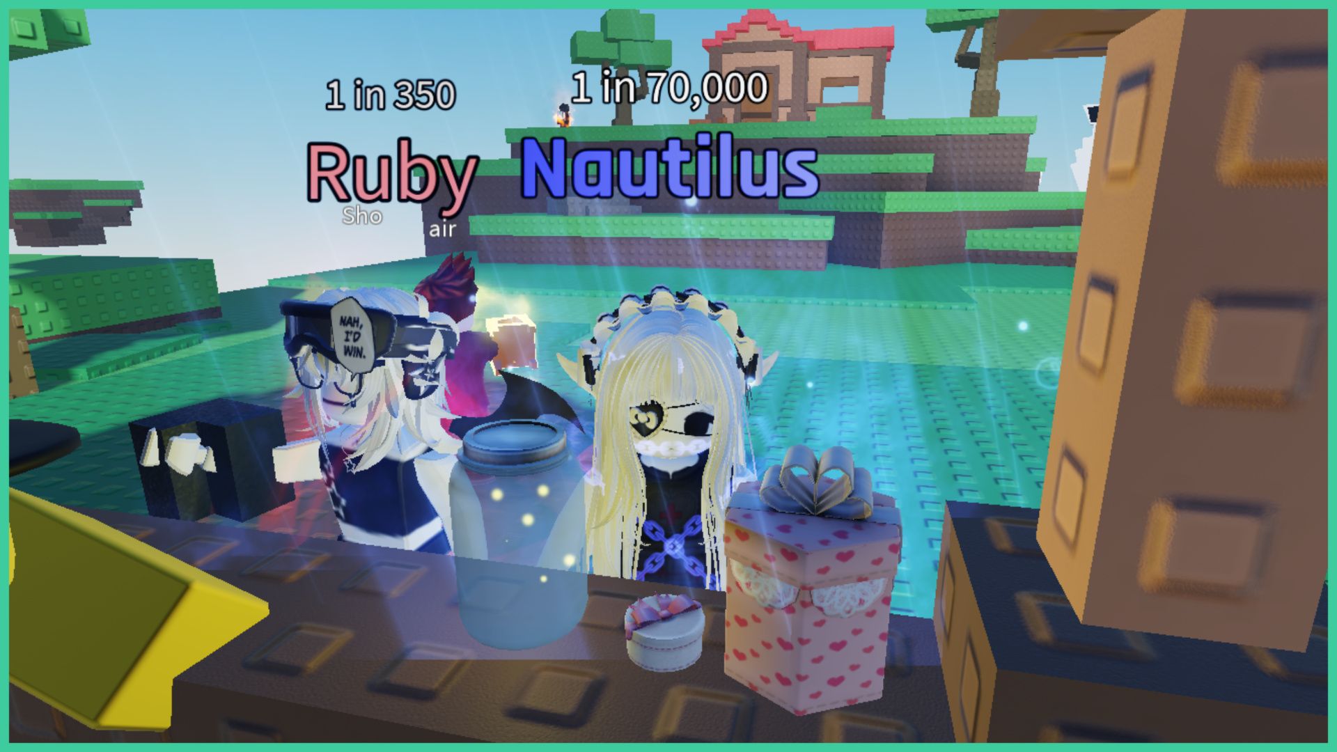 feature image for our how to get lunar in sols rng, there are two roblox characters standing at the jake's workshop stall which has various items on the counter including a glass jar, and a wrapped present, in the background there is a house on a hill with some trees