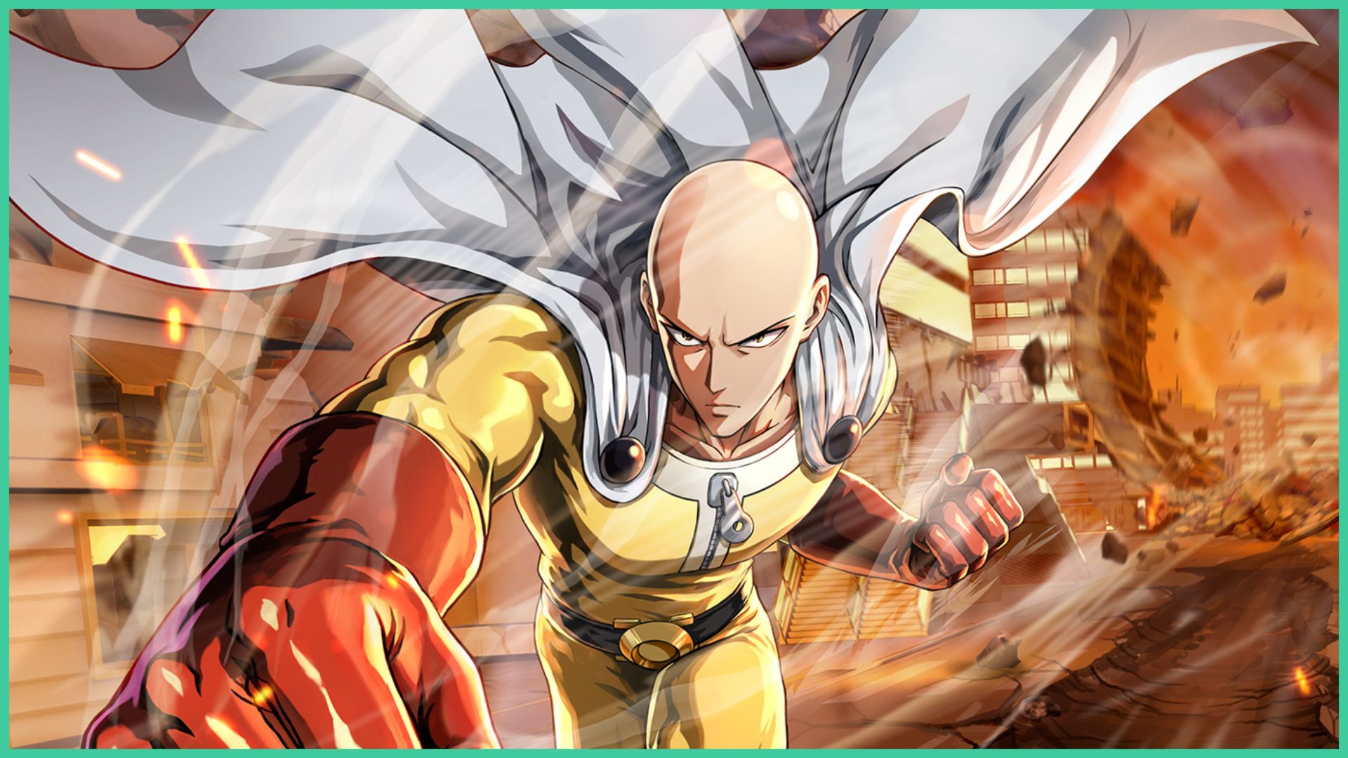 feature image for our one punch man world reroll guide, the image features promo art for the game of saitama from the one punch man franchise as he holds a clenched fist back whilst punching with his other fist, he has a stern expression on his face as his cape flies in the breeze, there are buildings being destroyed in the background as they crumble
