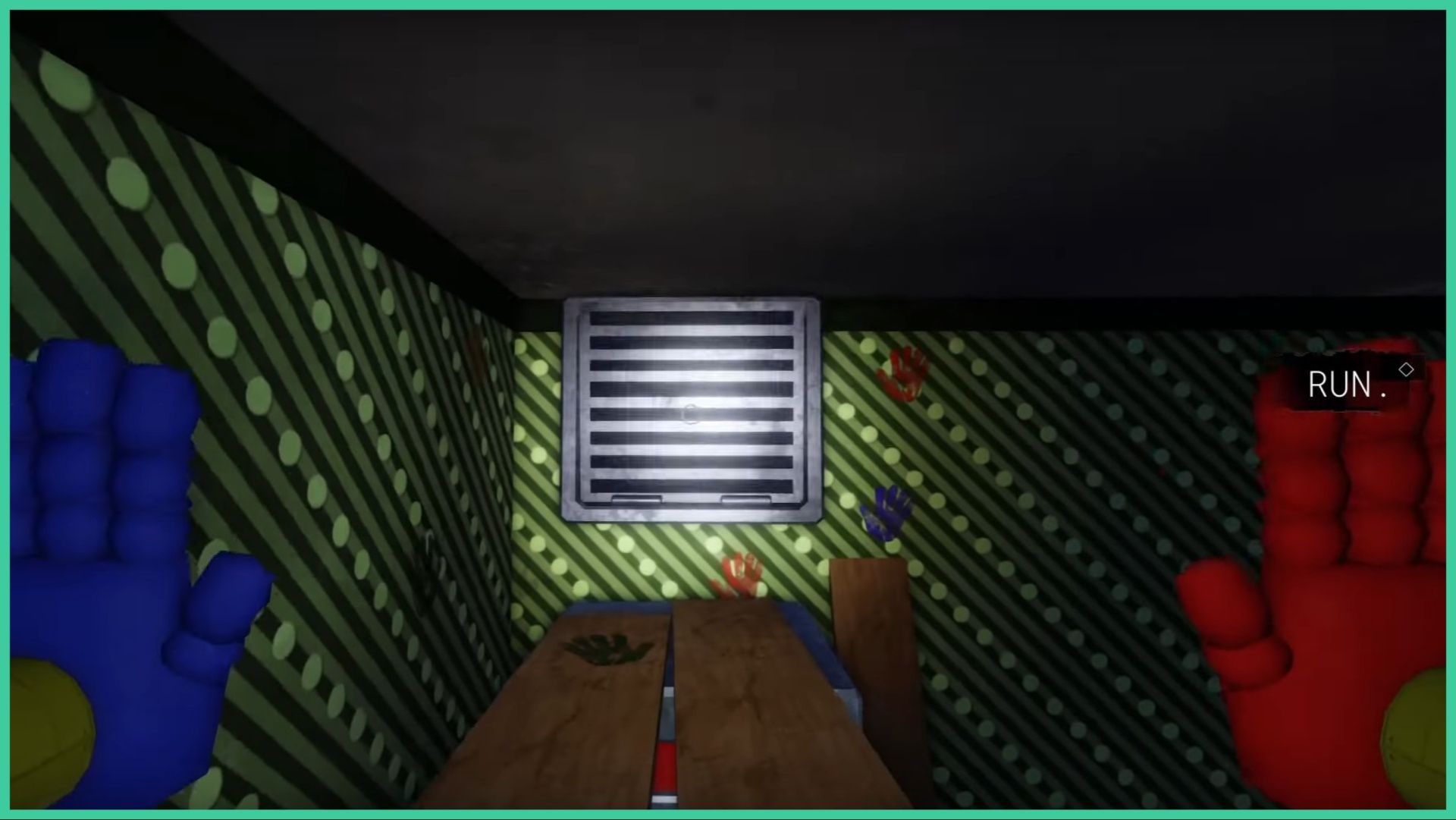 feature image for our poppy playtime forever codes guide, the image is a screenshot from the games trailer, of the player's plastic hands facing forward palms outwards, as they look at a closed vent on the wall, they are crawling on a wooden plank close to the ceiling, and there are painted handprints on the walls and wood, there is an instruction to the right of the screen that says 'run'