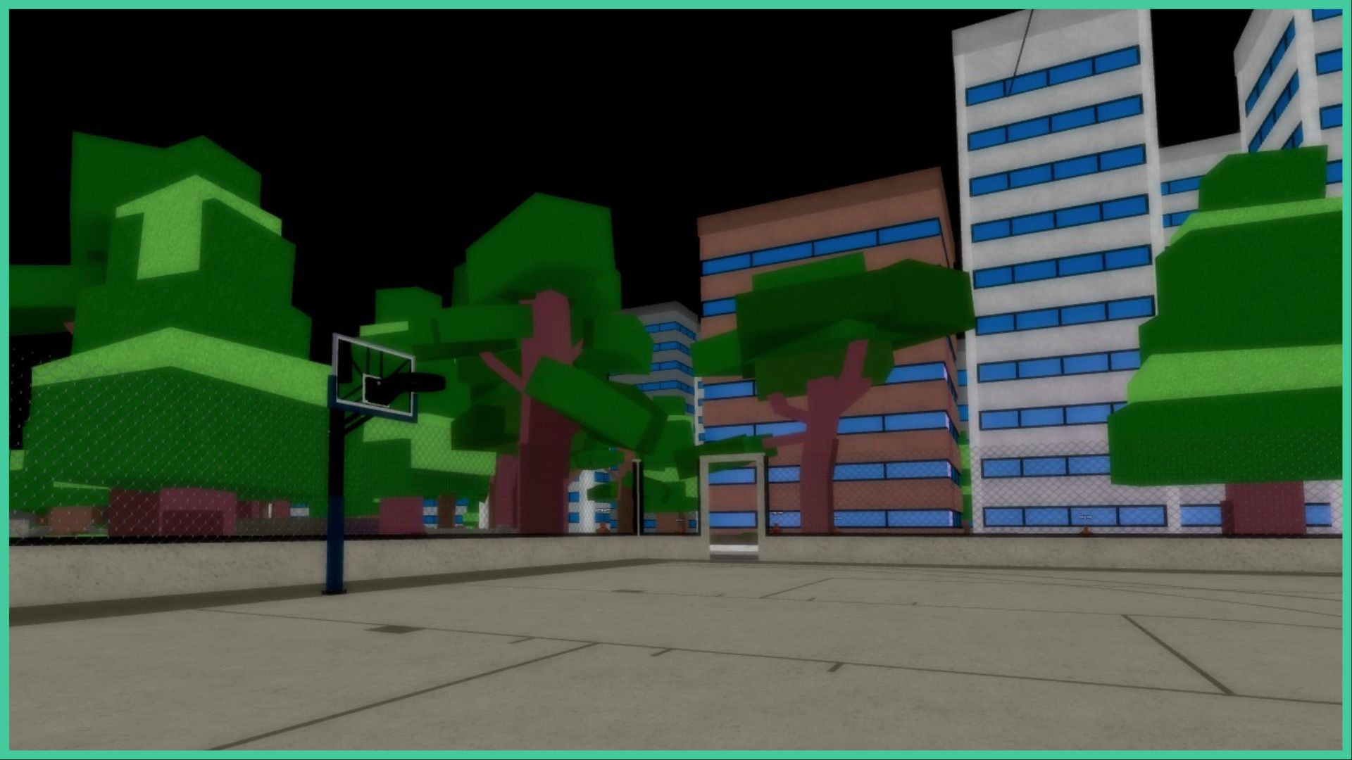 feature image for our project xl race tier list, the image features a screenshot from the game of a basketball court in the middle of a city, with tall office buildings and trees