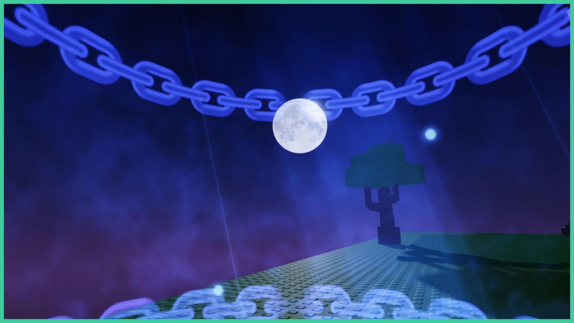 feature image for our sol's rng biomes guide, the image features a screenshot of the moon in the night sky as a glowing blue chain goes across the screen with a blue mist, there is a lone tree at the edge of a grass platform