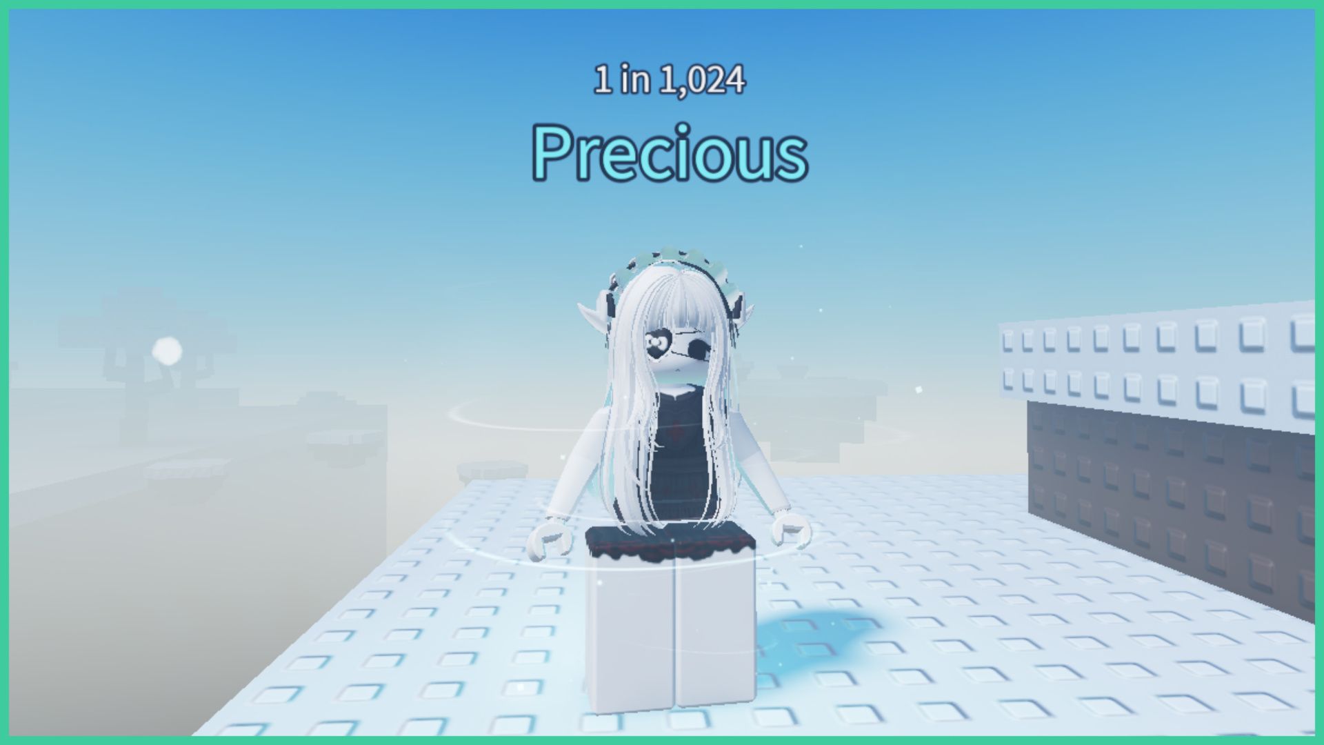 feature image for our sol's rng cods guide, the image features a screenshot of a roblox player standing on some snow as they have the precious aura, which is a light spiralling around them with floating glowy dots