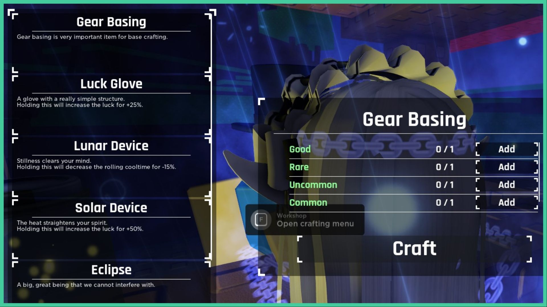 feature image for our sol's rng crafting guide, the image features a screenshot of the crafting page, with the recipe for a gear basing item and the list of craftable items to the left as a roblox player stands at a counter