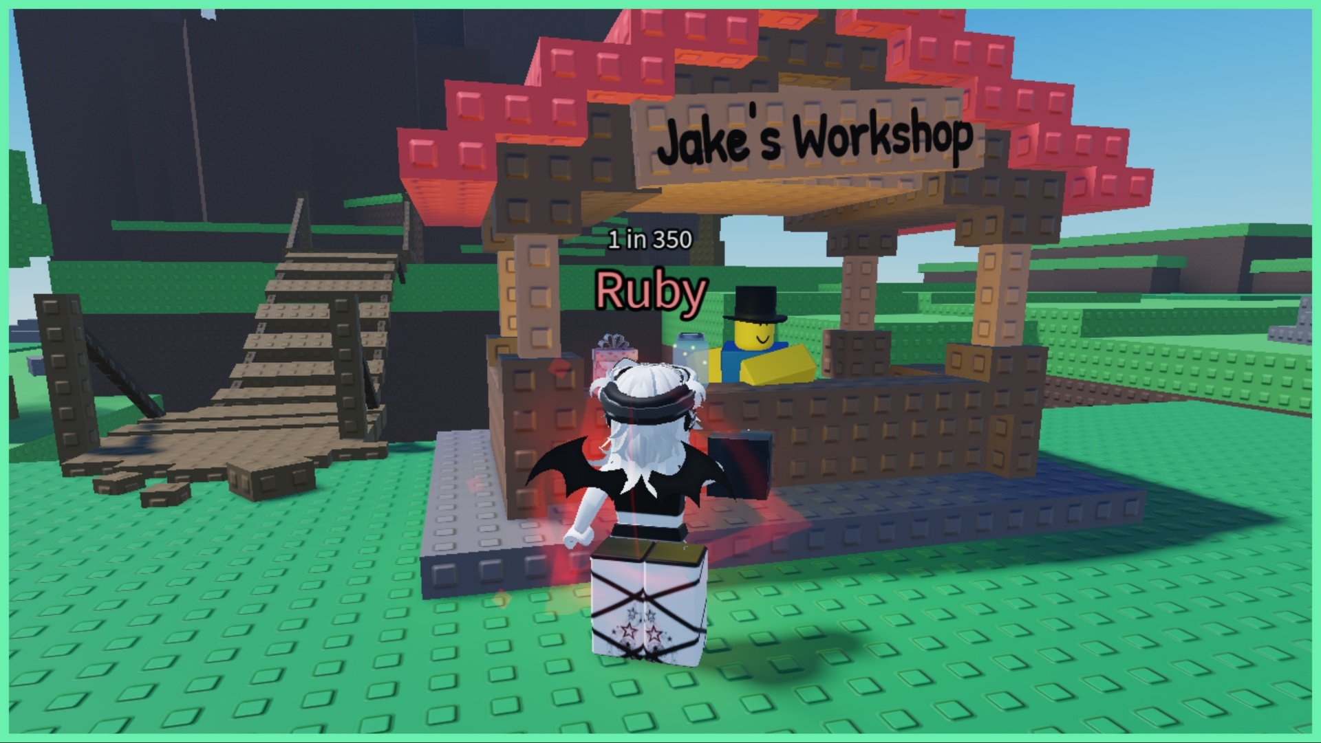 the image shows my avatar with a red ruby aura stood before jakes workshop. Jake, the npc is wearing a top hat and leaning against his shack