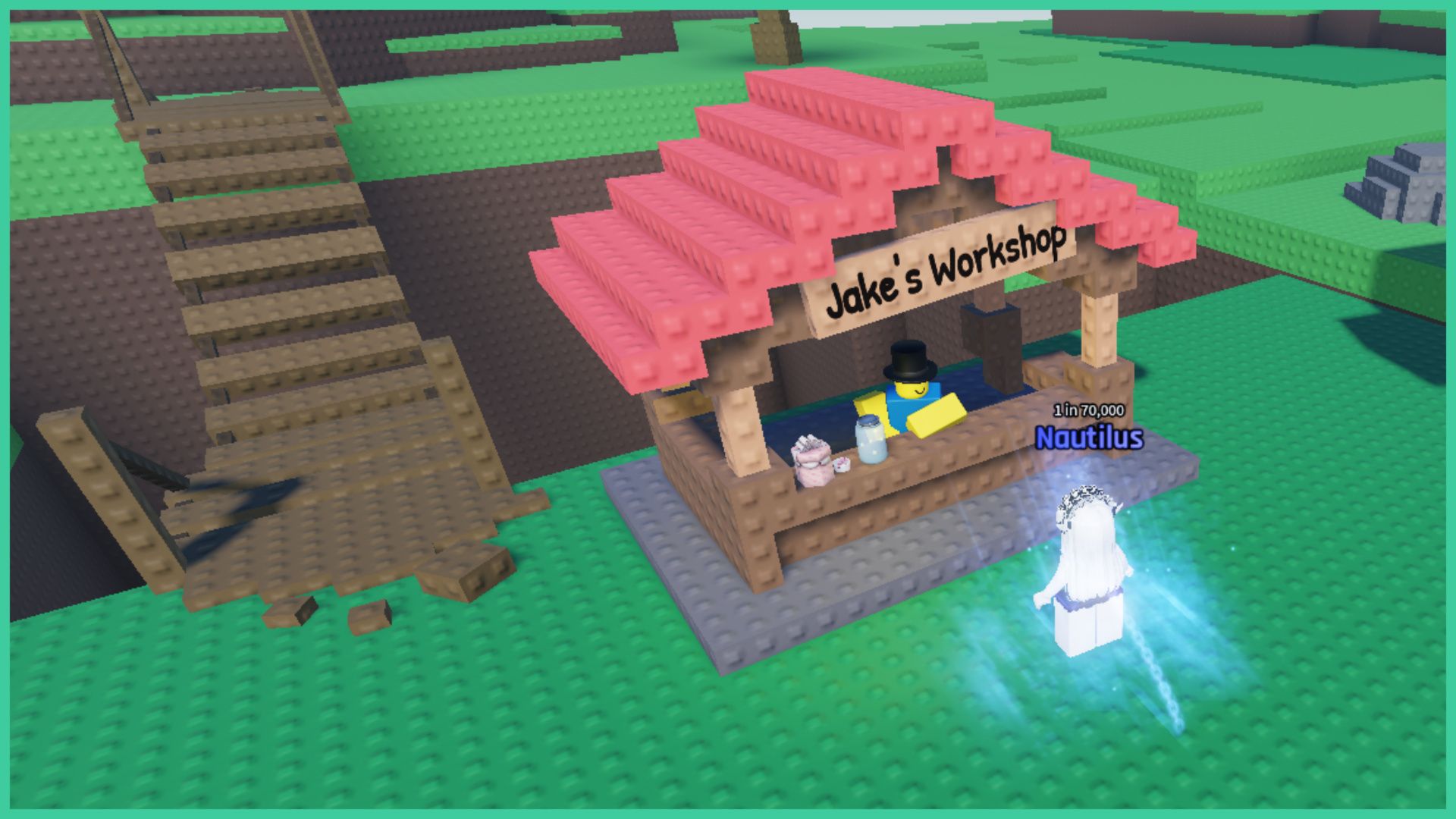 feature image for our sol's rng null guide, the image features a screenshot of a roblox player standing in front of the jake's workshop stall, which has a roblox character standing at the counter while wearing a top hat, there is a wood bridge that connects to another grass platform to the left