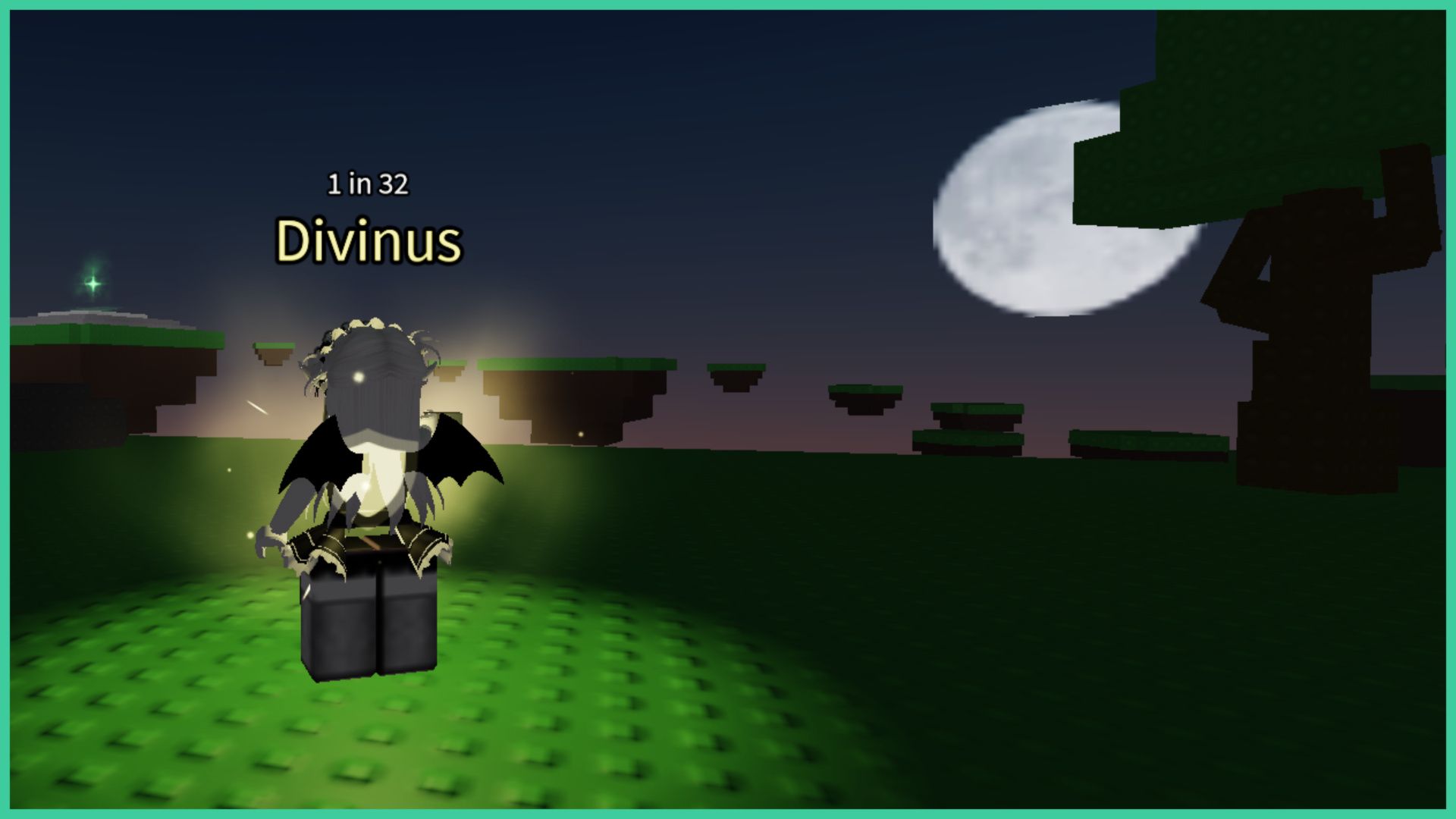 feature image for our sol's rng raining guide, the image features a screenshot of a roblox player standing on a grass platform looking out to the floating obstacle course platforms in the distance, as the moon glows in the sky behind the silhouette of a tree, the roblox player is wearing the divinus aura, which is a glowing yellow aura with a shield symbol on their torso