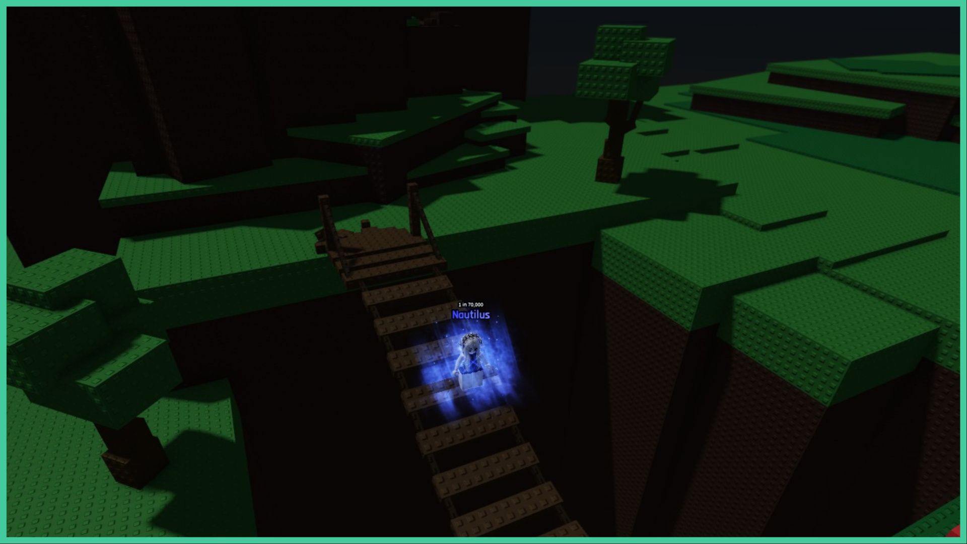 feature image for our sol's rng undefined guide, the image features a screenshot from the game of a roblox character standing on a wooden bridge across a hole in the middle of the grass hills, there are trees dotted around