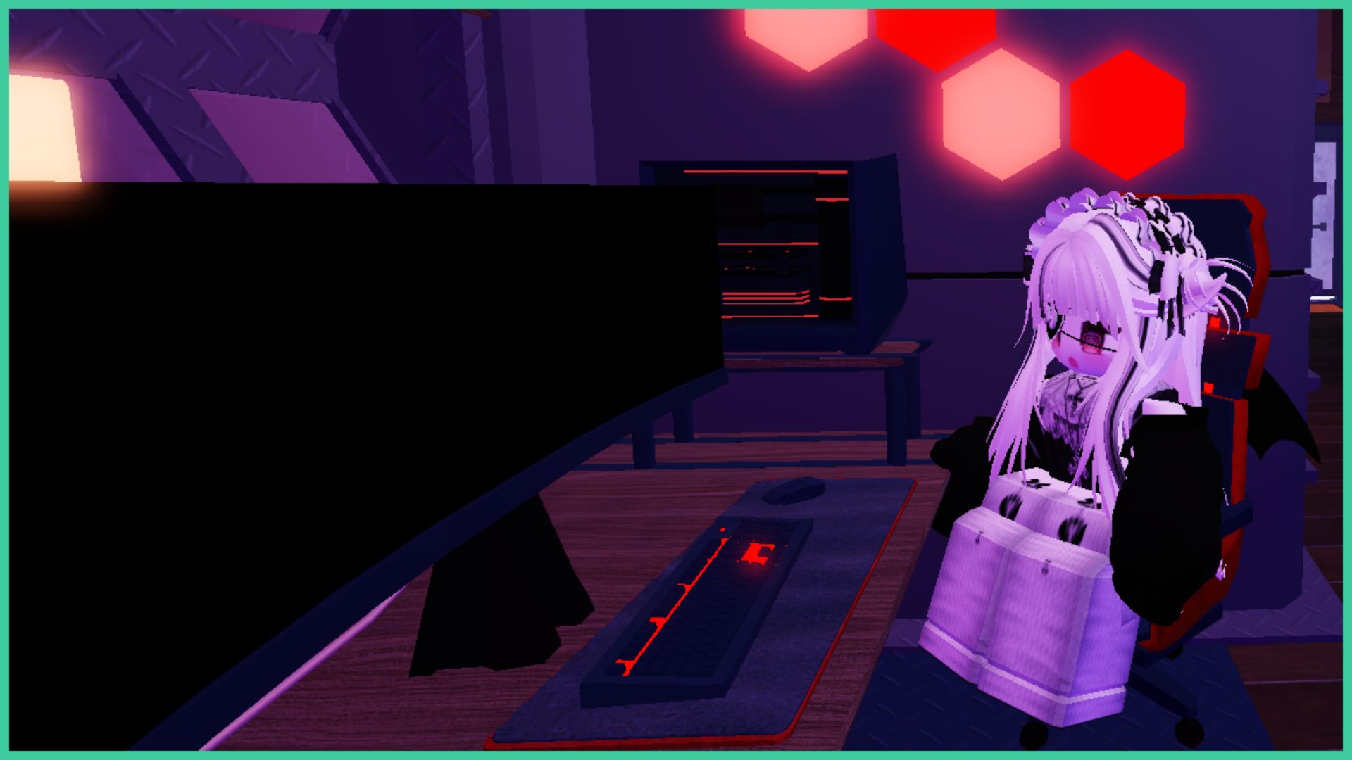 feature image for our swordburst 3 boss drops guide, the image features a screenshot of a roblox character sitting at a desk with a wide screen monitor and PC, with neon LED lights on the wall and a glowing keyboard