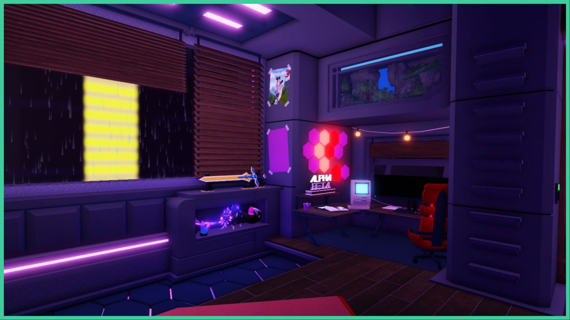 feature image for our swordburst 3 codes guide, the image features a screenshot from the start of the game as it loads, which is of a cyberpunk-style bedroom, with a computer desk, posters taped to the walls, a sword on display on a shelf with various figurines underneath, there are blinds that are half covering the windows as it rains outside with the glow of another building, the entire bedroom is lit up by the LED lights