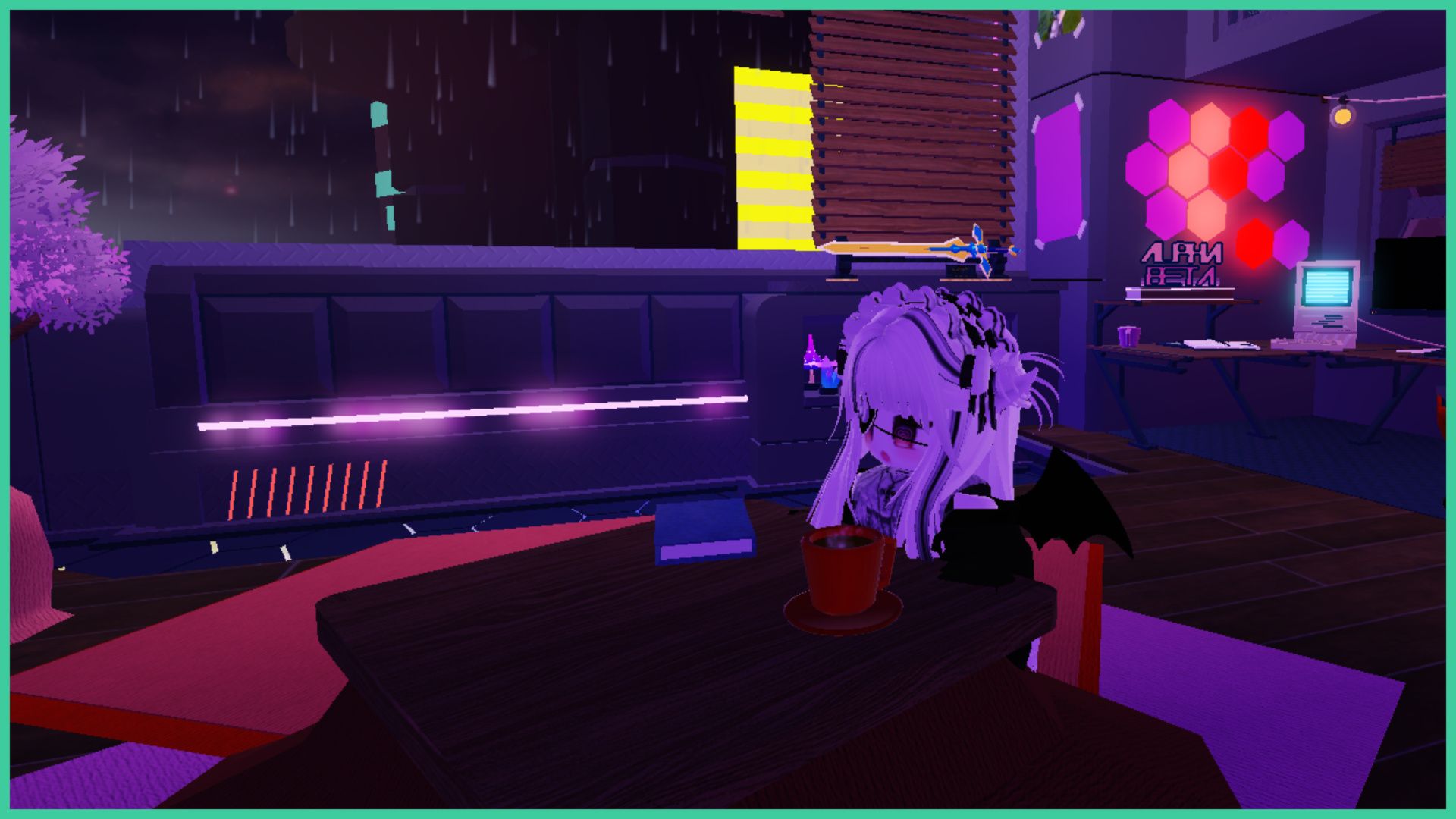 feature image for our swordburst 3 skills tier list, the image features a screenshot of a roblox player sat at a table with a hot beverage in a mug, and a closed book, there is rain falling outside the window. They are inside a neon-lit apartment on a high floor, as you can see tall buildings in the distance