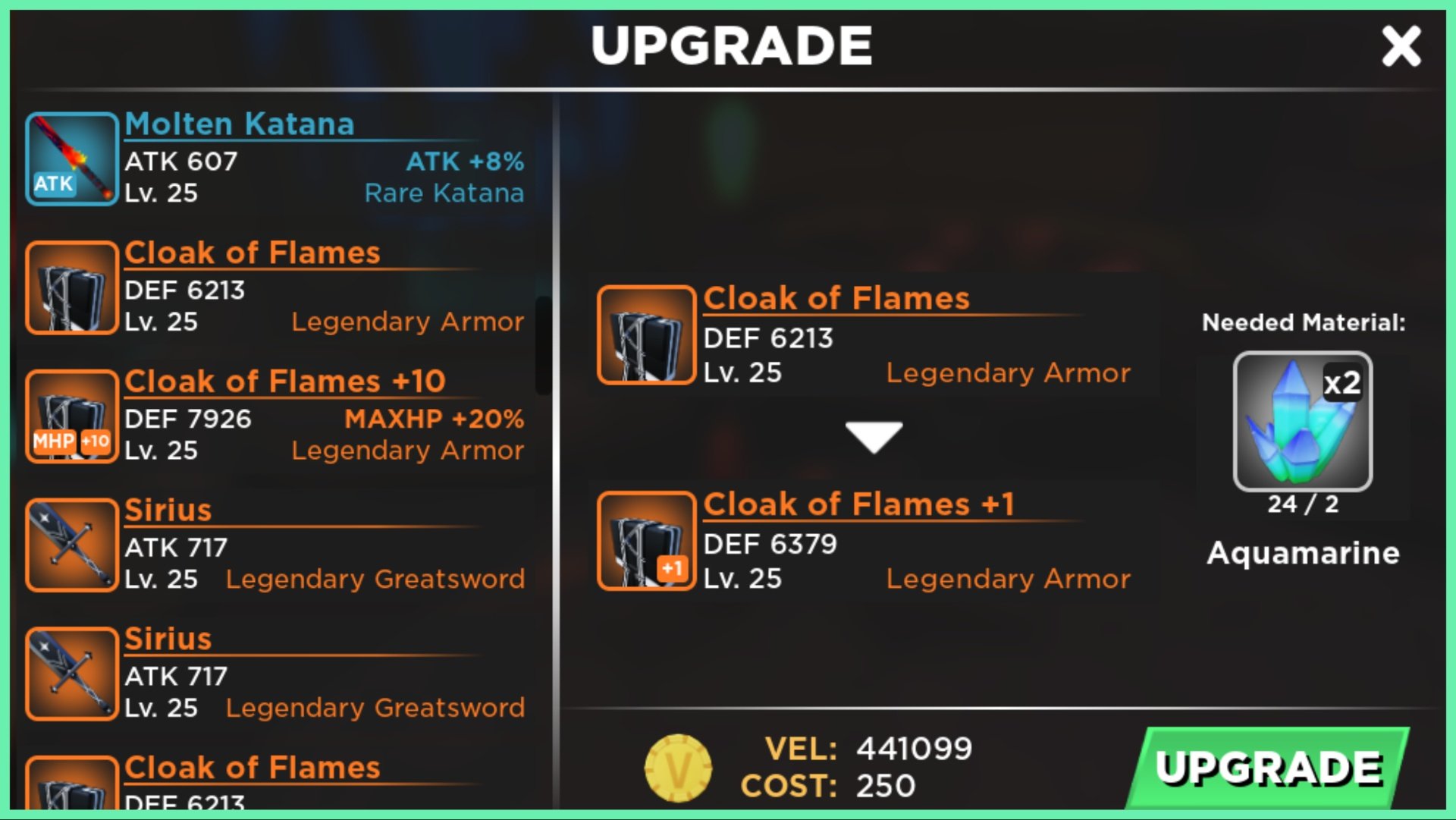 the image shows one of the upgrade pages showing different equipment on the left and then the ore requirements to improve the selected kit
