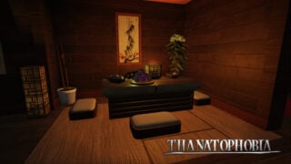 promo image for thanataphobia remastered of a traditional japanese table with floor cushions on a tatami mat as food sits on the table in a bowl with chopsticks, there is a plant in the room, as the candlelight glows, with a painting of a flowery branch and a plant sits on the wall
