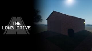 promo image for the long drive on roblox, the image features a lone house with a tire resting against the brick wall, as a barron grassland surrounds it, the game's logo is to the left with a drawing of a road behind the text